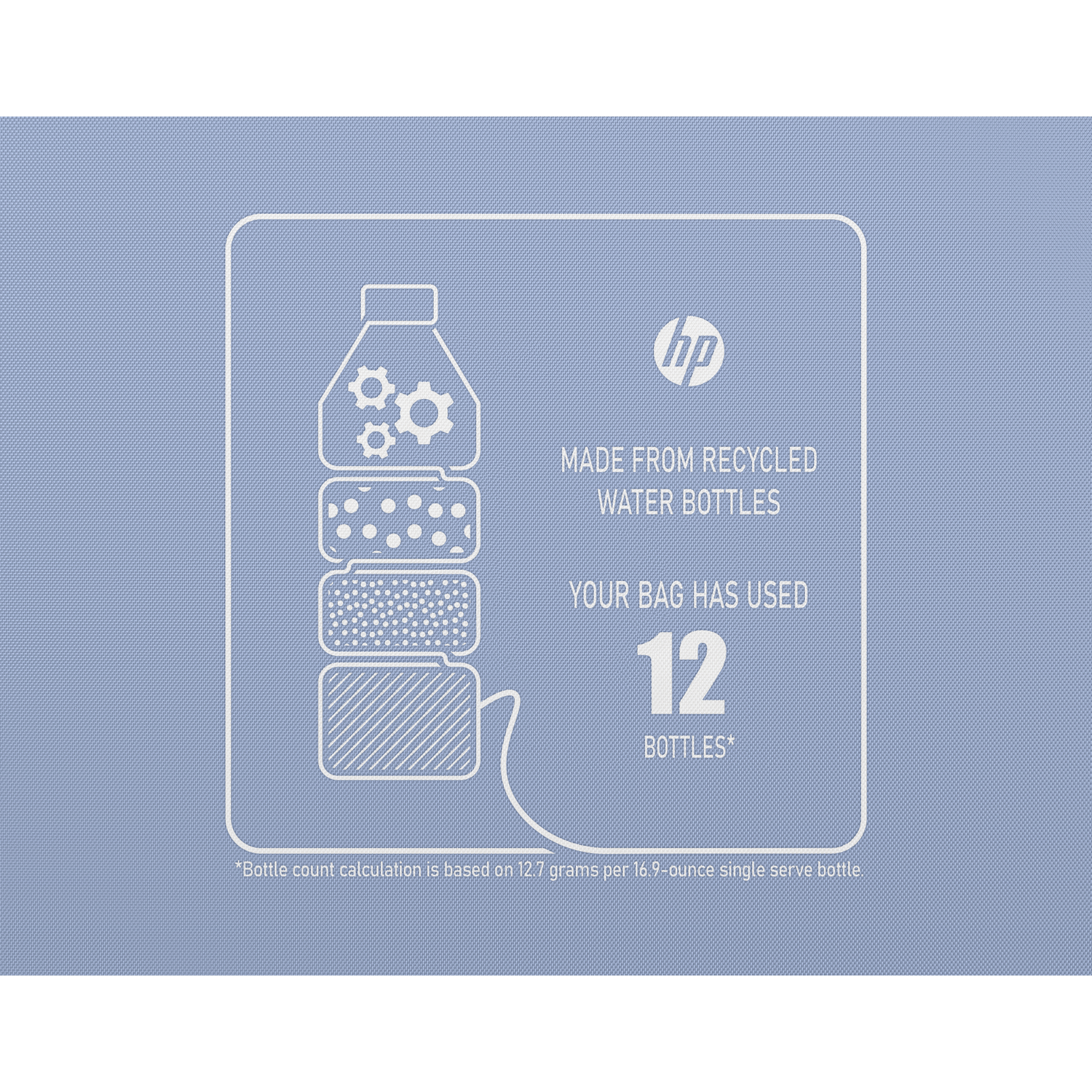HP logo above text: Made from recycled water bottles. 12 bottles.