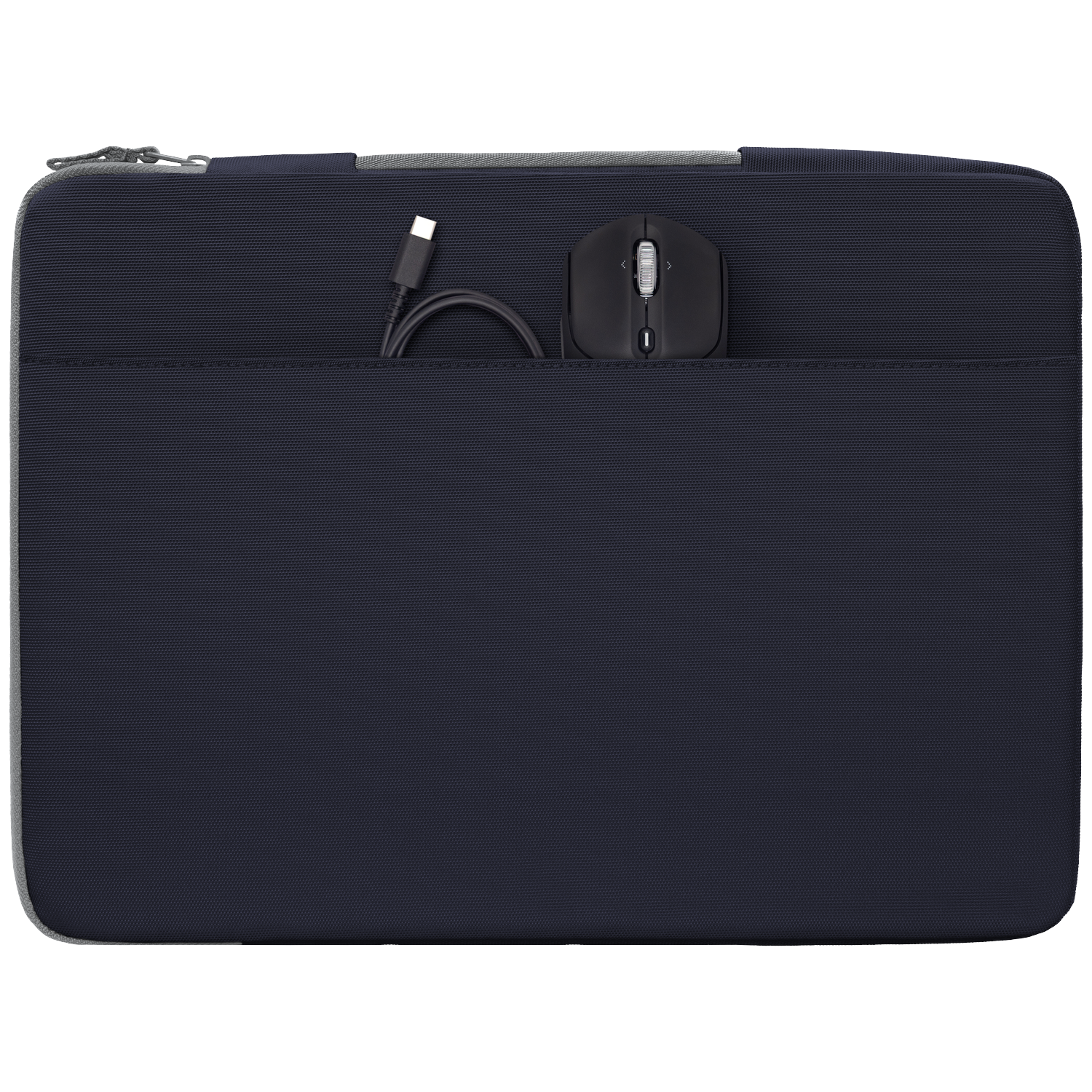 Dark blue laptop sleeve with a front pocket holding a black computer mouse and USB-C cable.