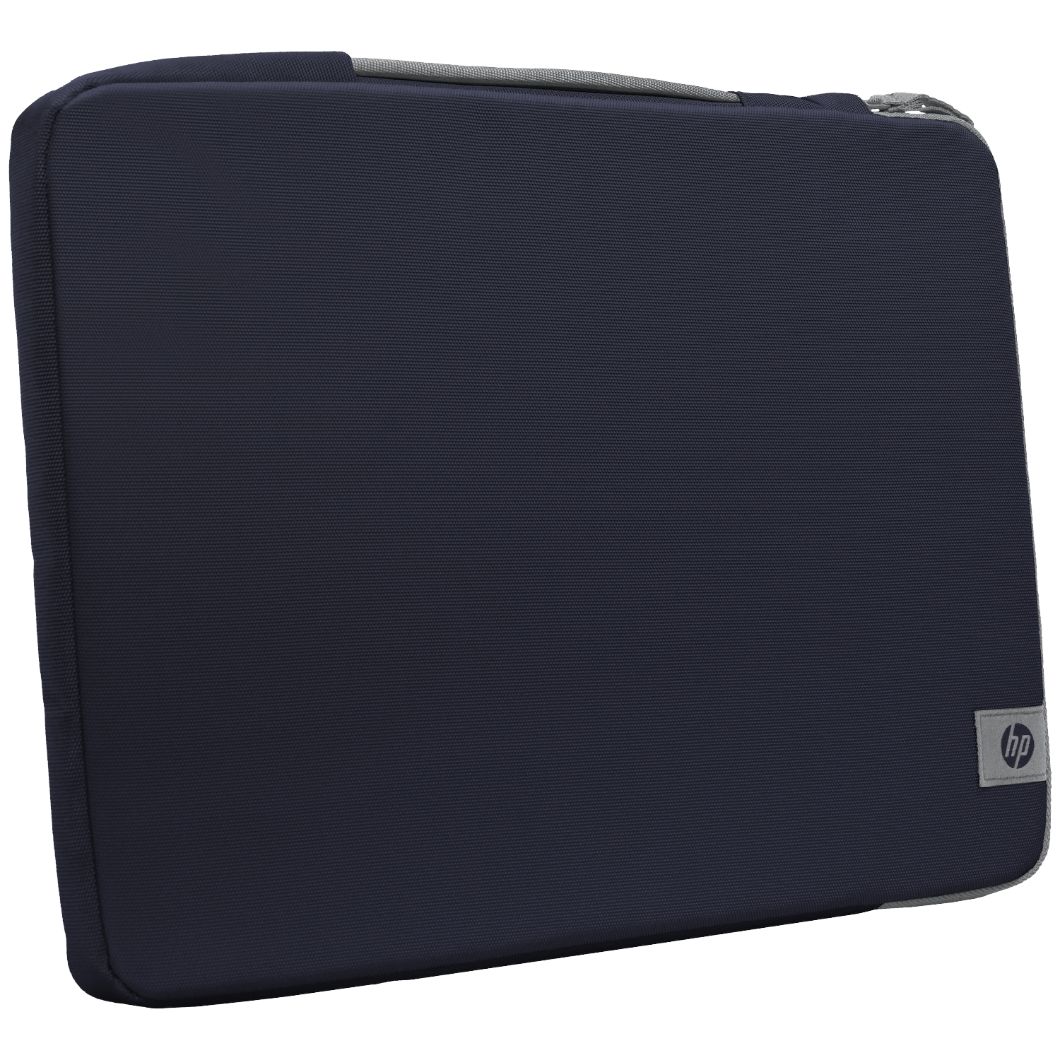 Dark blue laptop sleeve with HP logo and zipper.