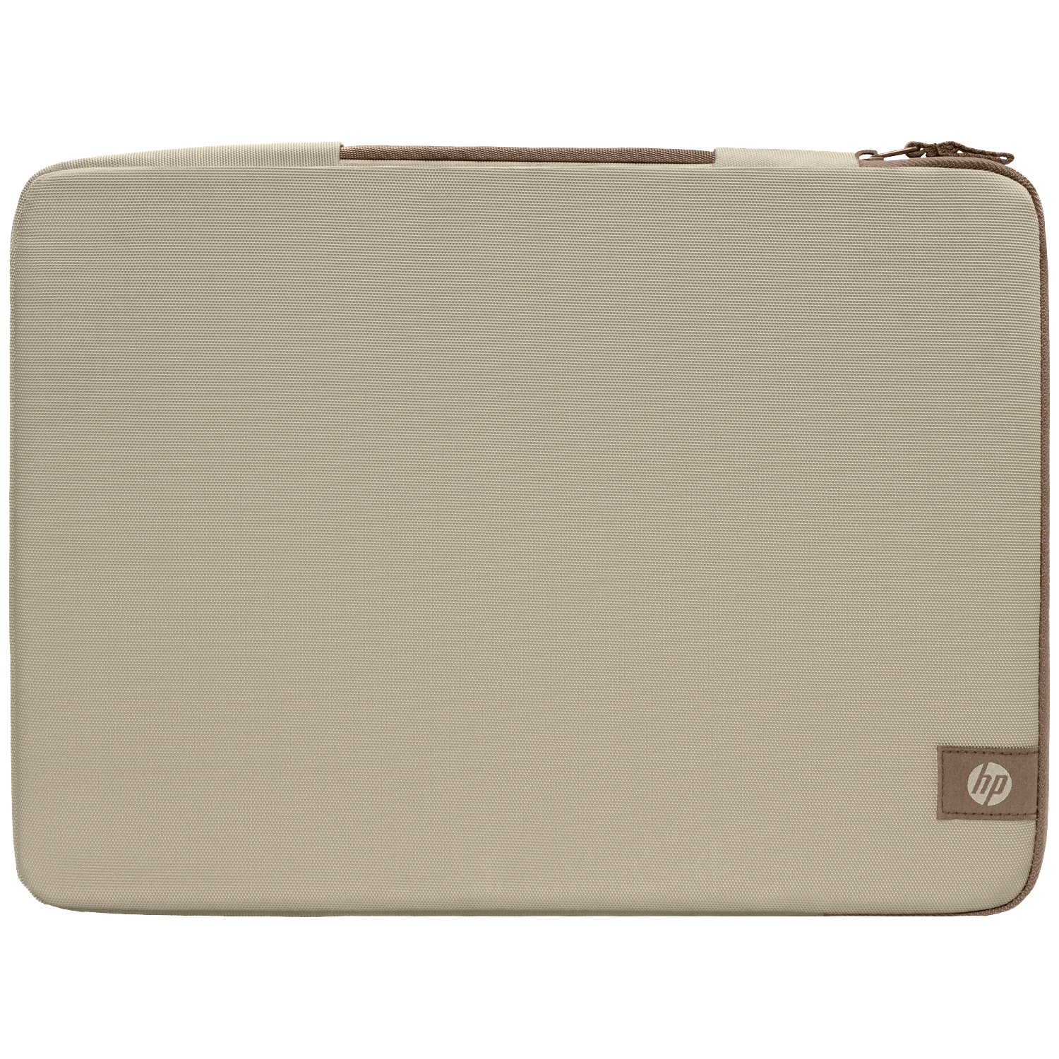 A beige HP laptop sleeve with a zipper and brown trim.