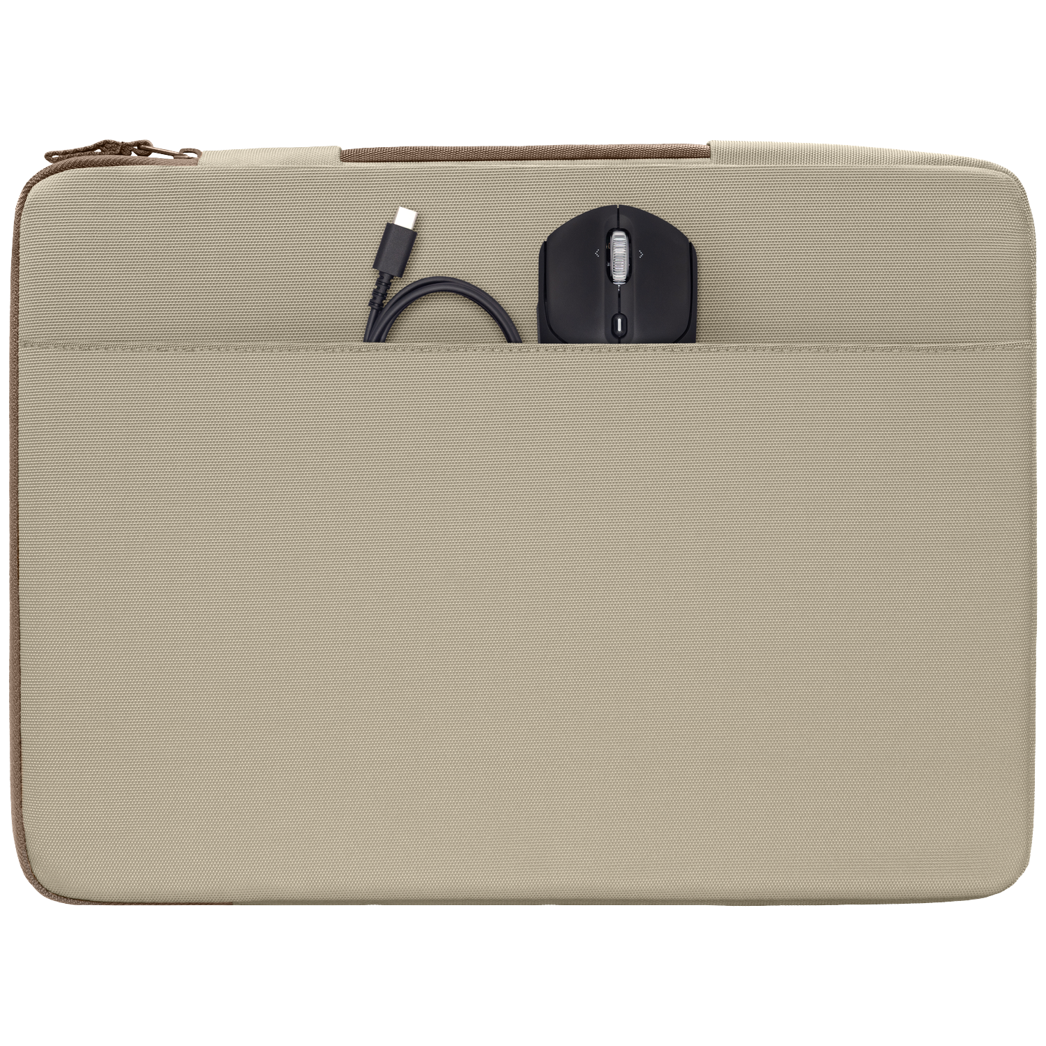 A black USB-C cable and a mouse in a tan sleeve.