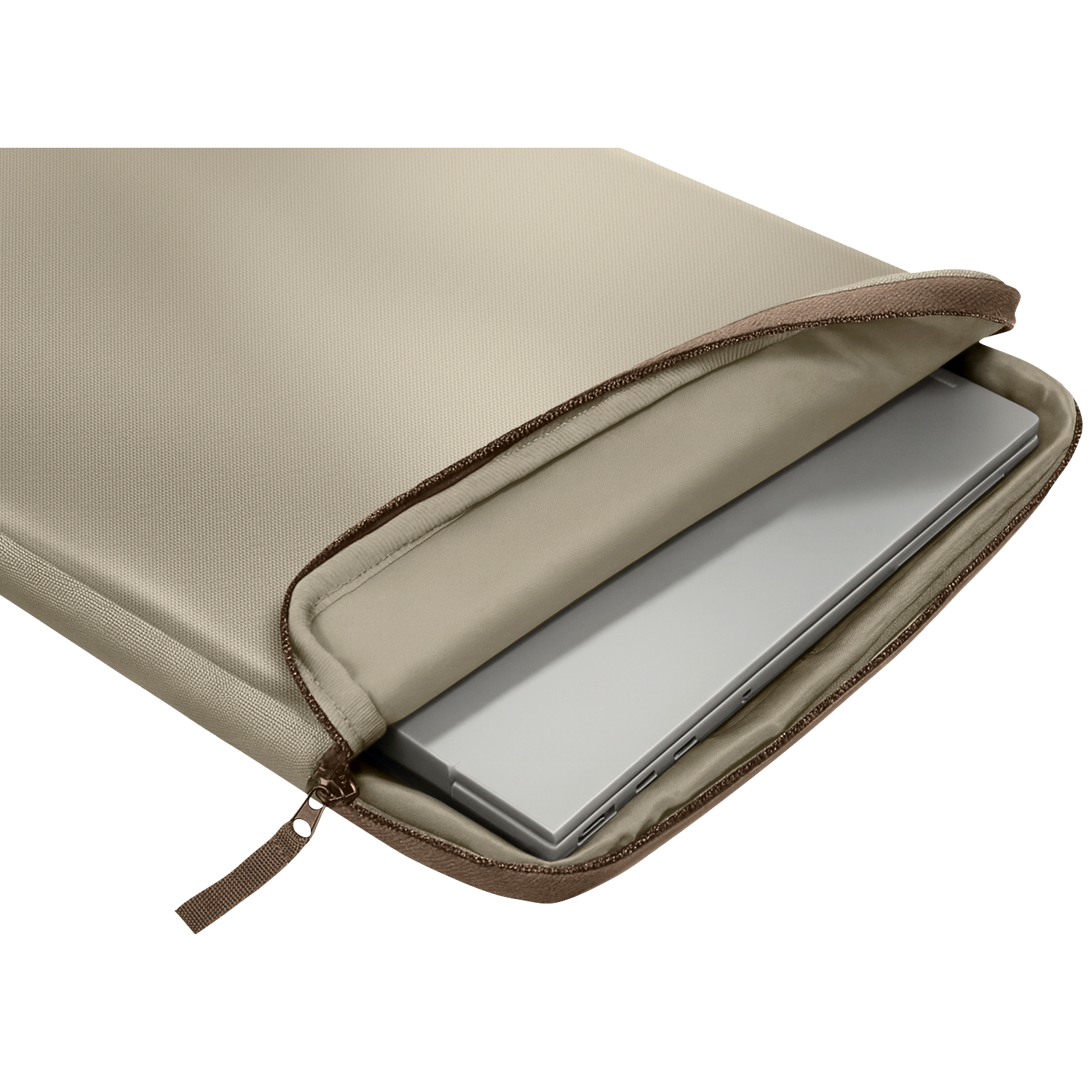 A silver laptop is being inserted into a beige laptop sleeve.