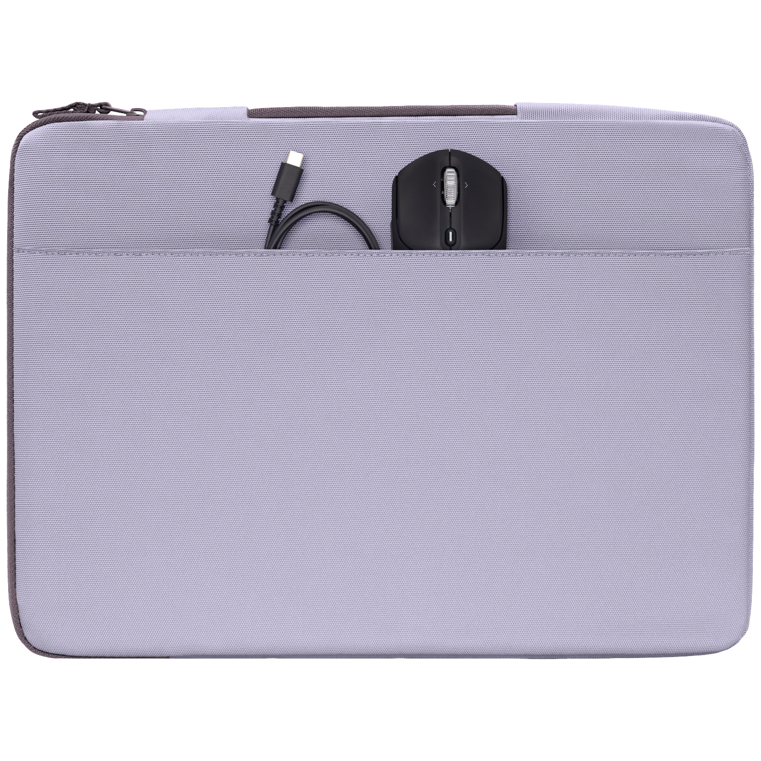 Gray laptop sleeve with black mouse and USB-C cable in the front pocket.