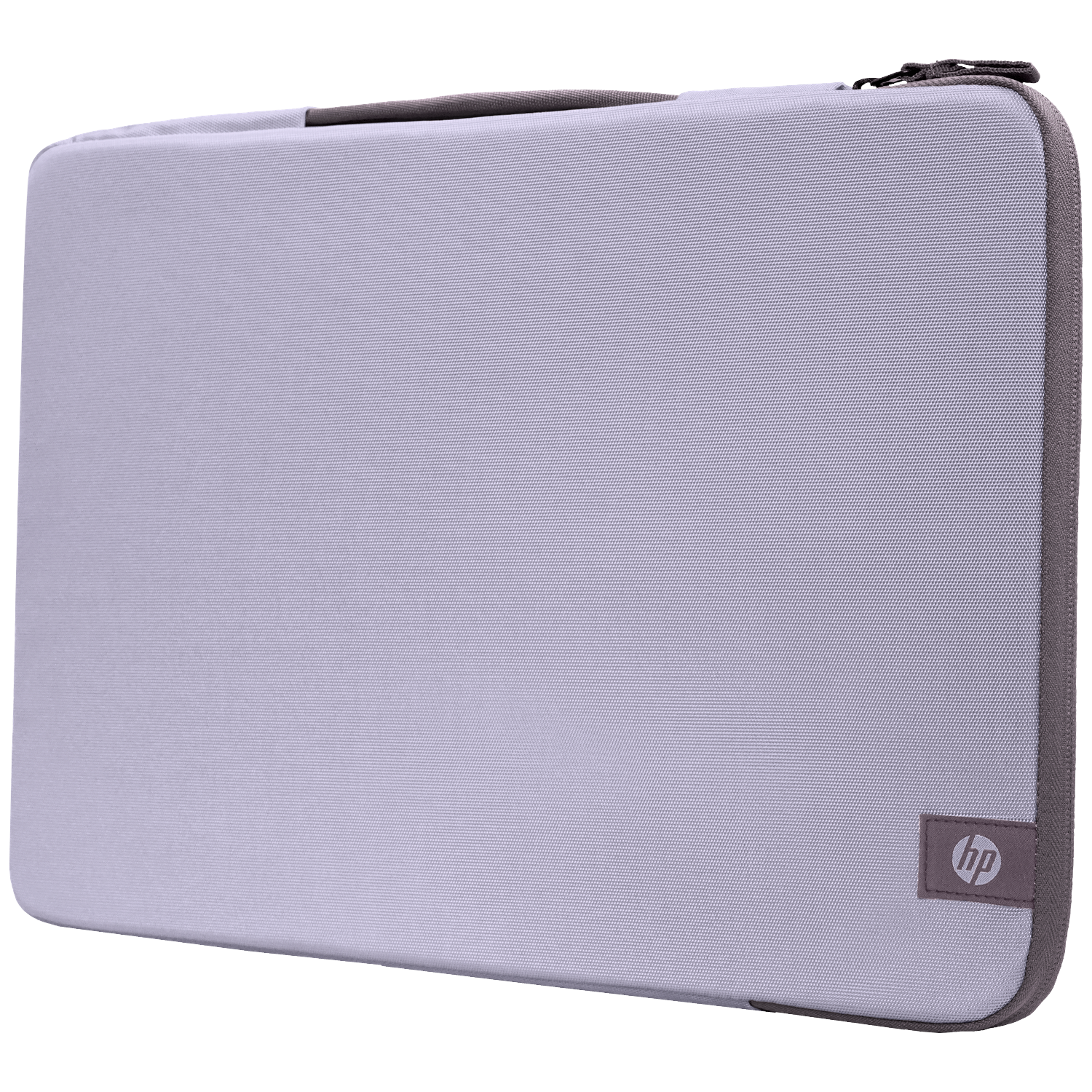 A light gray HP laptop sleeve with a zipper and logo.
