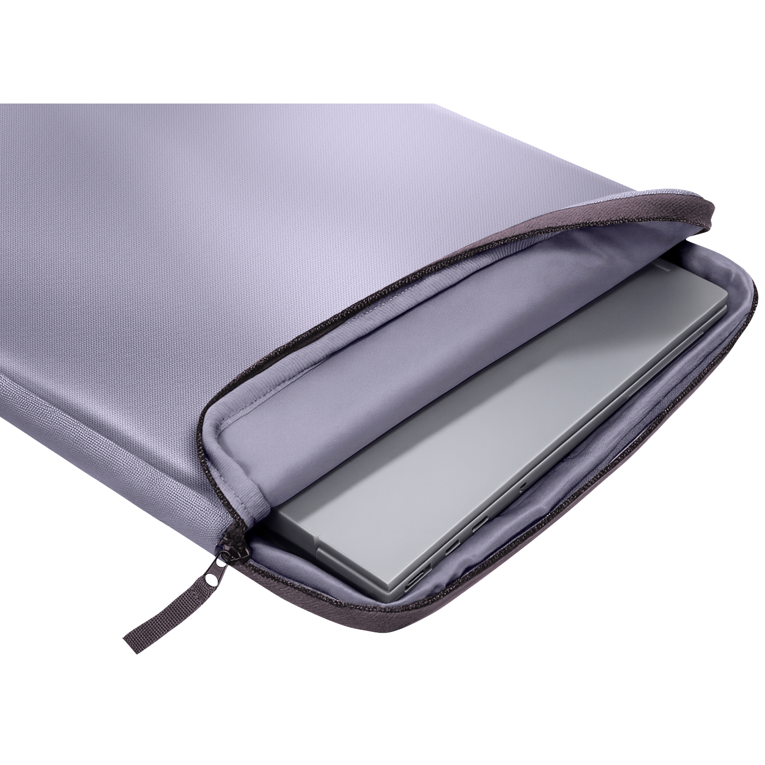 A grey laptop sleeve with a laptop partially inserted into it.