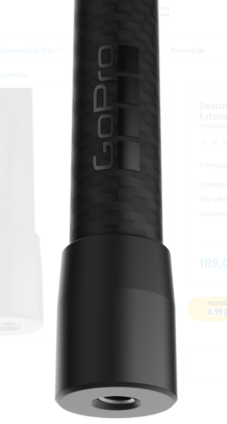 Zbliżenie czarnego drążka przedłużającego GoPro ze srebrnymi gwintami.
