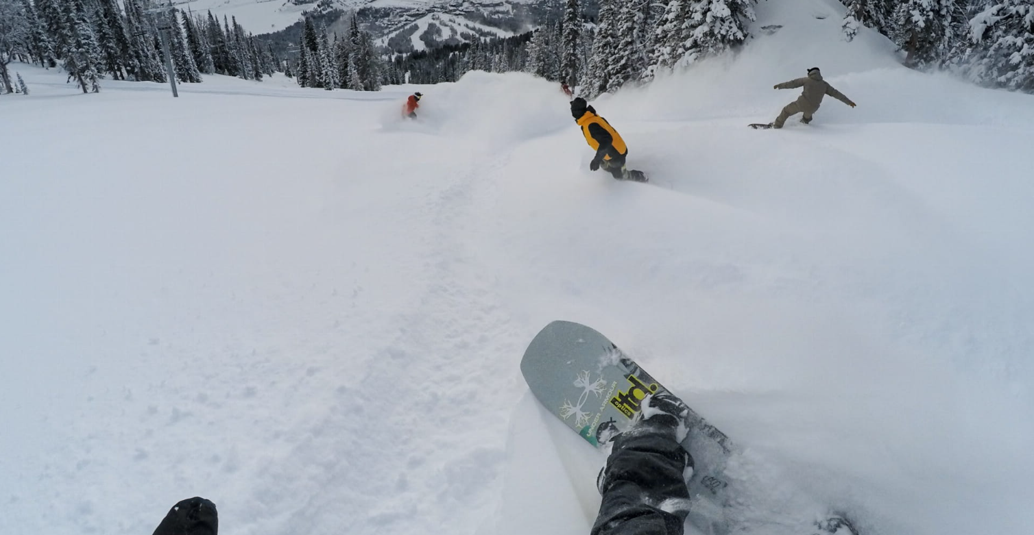 Snowboarder w żółtej kurtce jedzie szybko w puchu, drzewa i góry w tle.