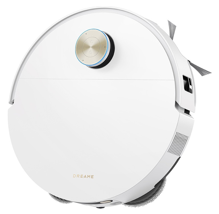 Biały robot sprzątający ze złotym i niebieskim przyciskiem na górze.