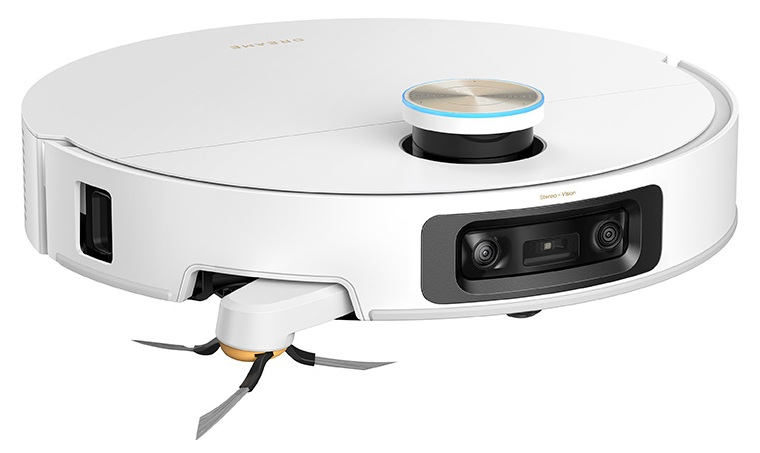 Biały robot sprzątający z dwiema szczotkami bocznymi, czujnikami przednimi i górnym czujnikiem lidar.