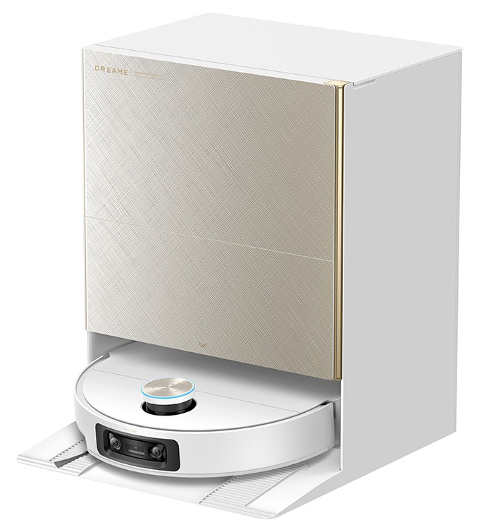 Biały robot sprzątający ze stacją ładującą/czyszczącą. Złote akcenty.