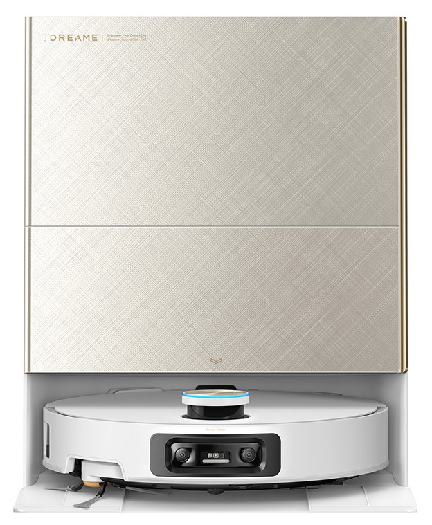 Biały robot sprzątający z kamerami i stacją dokującą ze złotym wykończeniem.