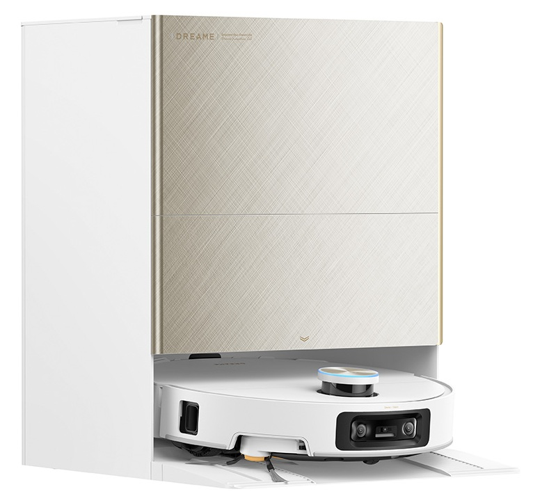 Biały robot sprzątający z kamerami i czujnikami w stacji ładującej.