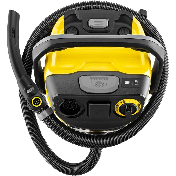 Żółty odkurzacz Kärcher z czarnym wężem i uchwytem.