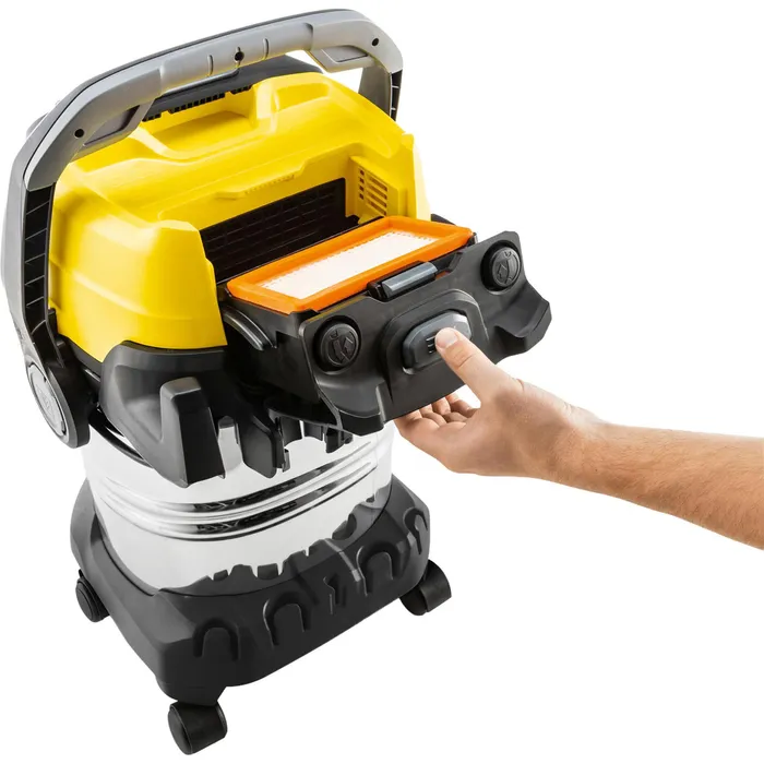 Żółty odkurzacz do pracy na mokro/sucho z wysuwanym filtrem, obsługa ręczna.