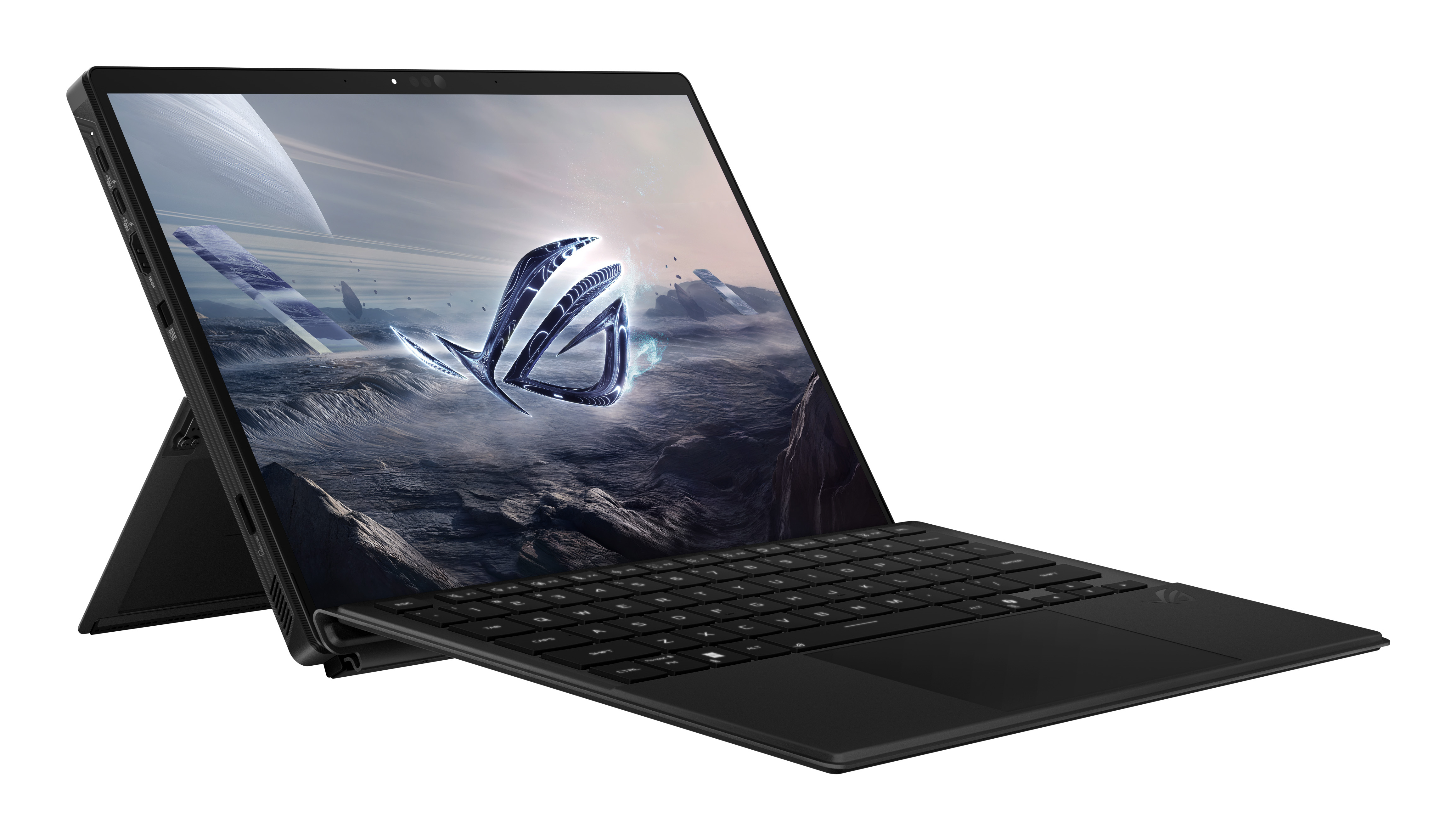 Schwarzer Laptop mit abnehmbarer Tastatur und futuristischem Hintergrundbild.