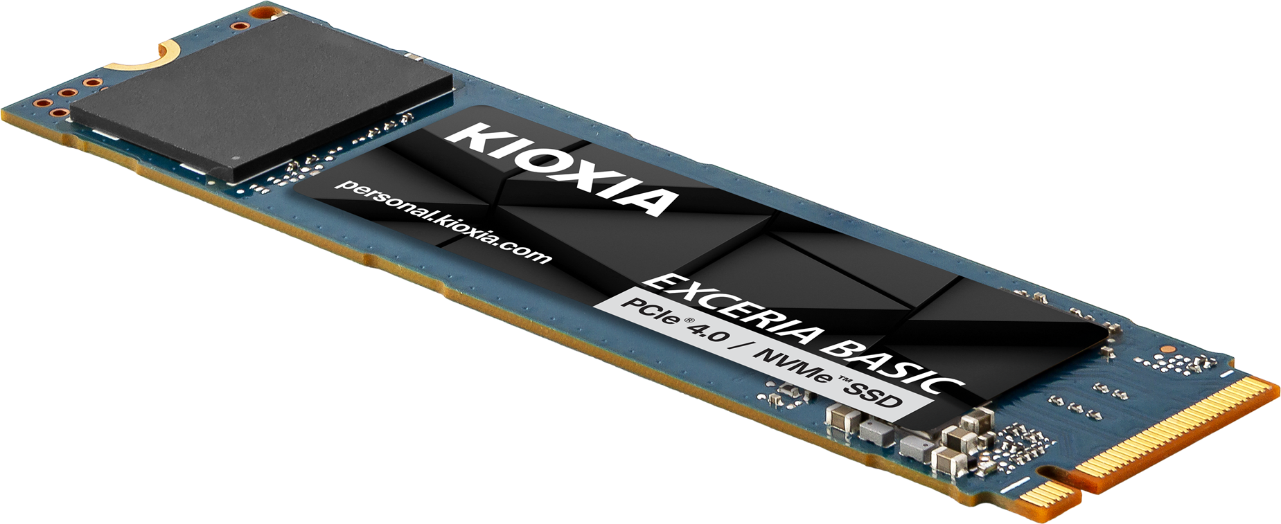 Altın kontaklı mavi PCB üzerinde Kioxia NVMe SSD ve PCIe 4.0.