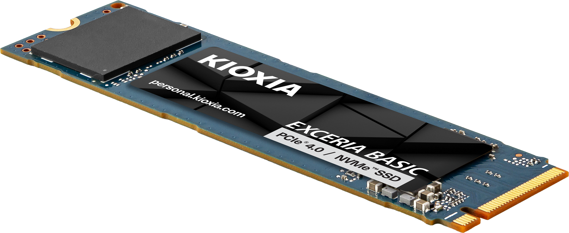 Mavi PCB üzerinde PCIe 4.0'lı Kioxia Exceria Basic NVMe SSD.