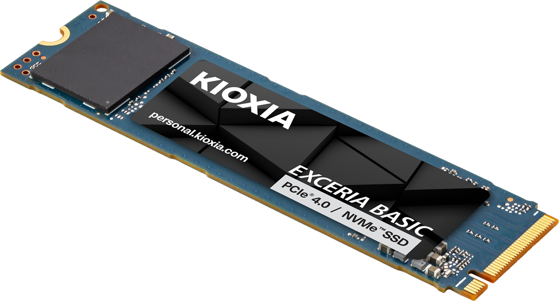 Kioxia logosu ve Exceria Basic yazısı bulunan mavi bir M.2 SSD.