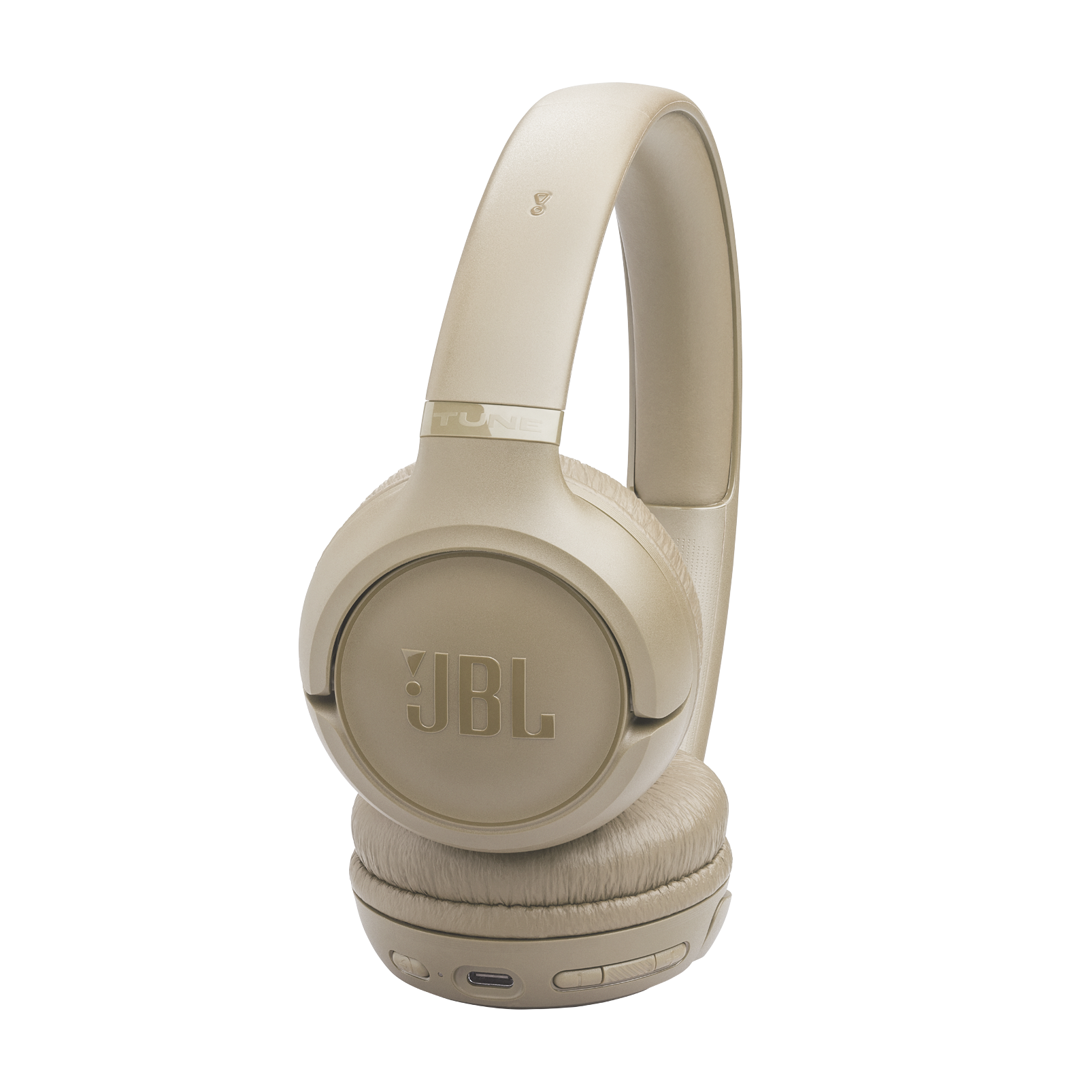 Yastıklı kulaklıkları ve ayarlanabilir kafa bandı olan bej JBL kulaklık.