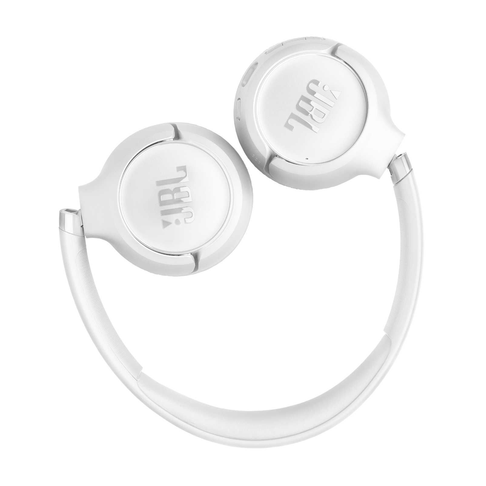 Yastıklı kulaklıkları ve yastıklı kafa bandı olan beyaz JBL kulaklık.