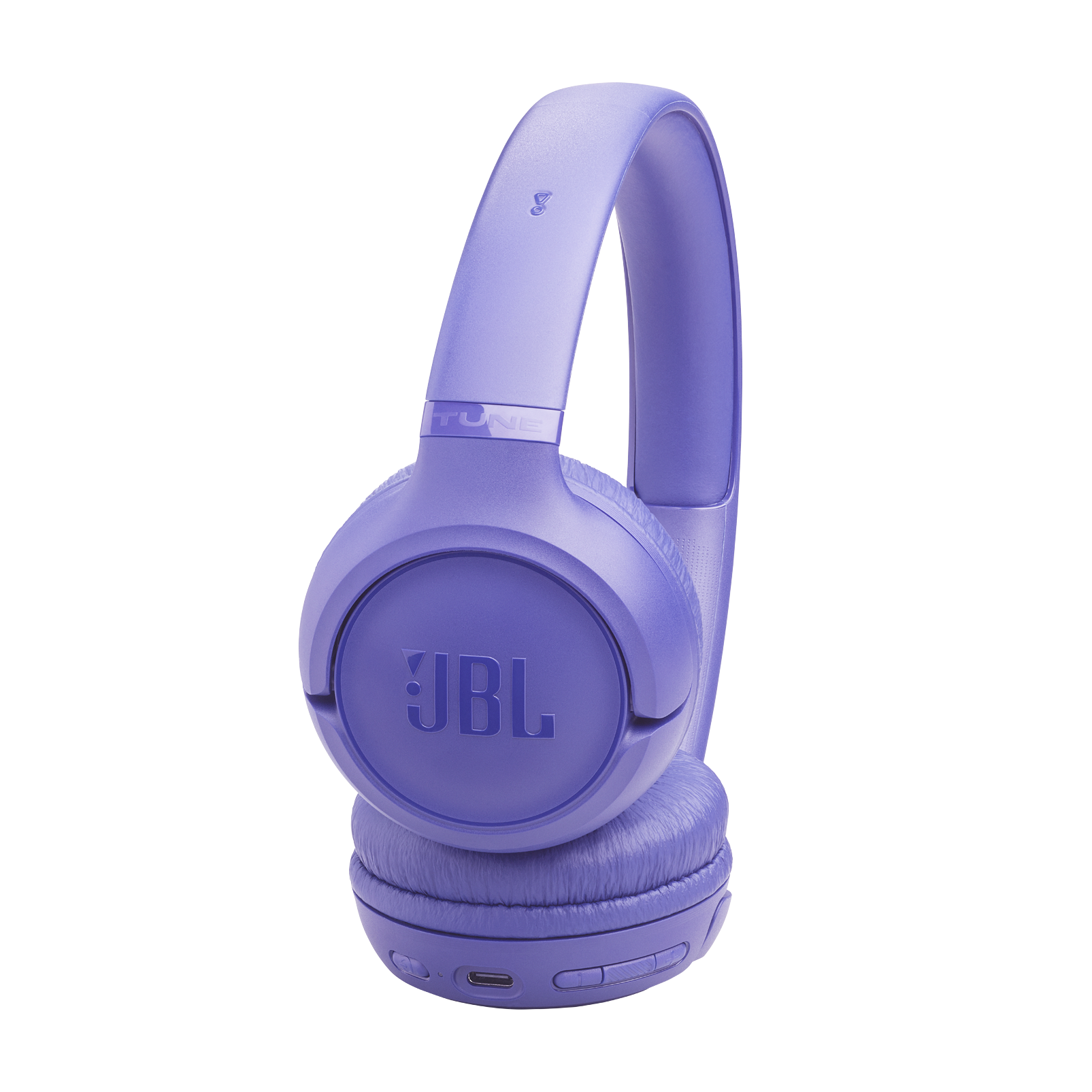 Siyah arka plan üzerinde gümüş logo bulunan mor JBL kulaklık.