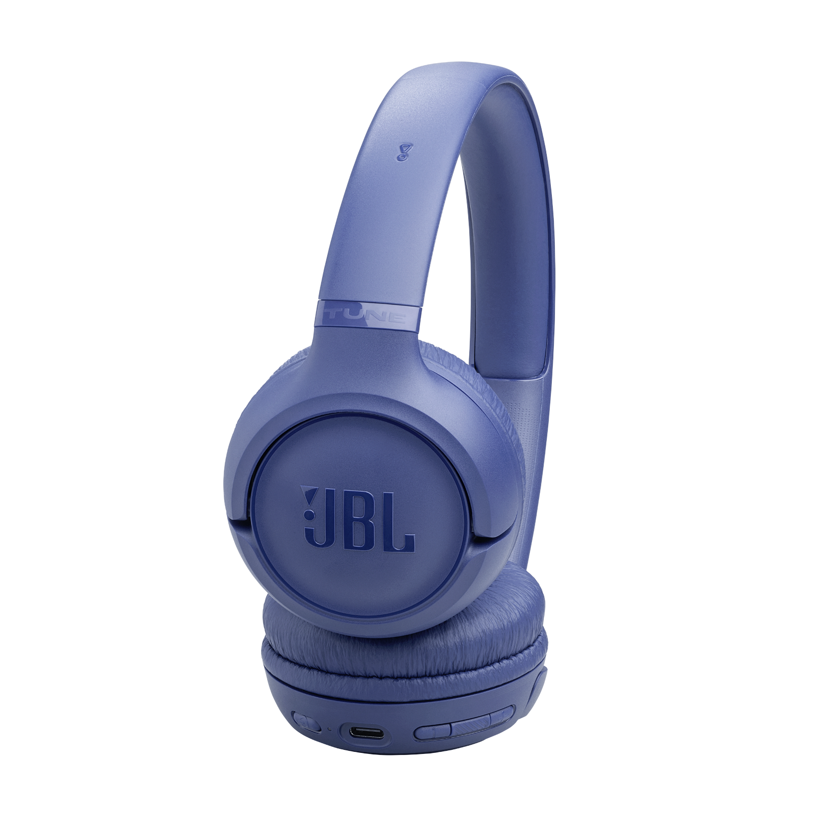 Kulaklıkları ve kafa bandı olan mavi JBL kulaklık. Siyah arka plan.
