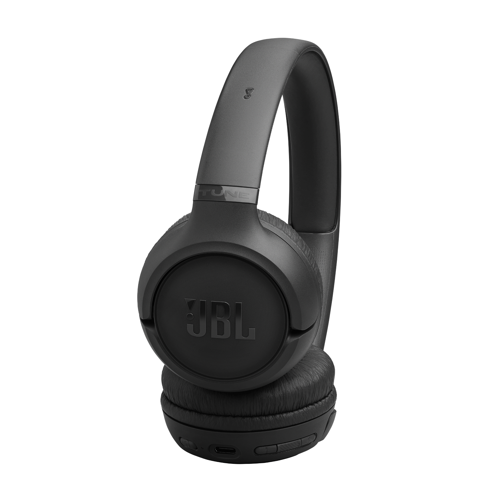 Siyah JBL kulaklık, kafa bandı ve kulak yastıkları siyah arka planda.
