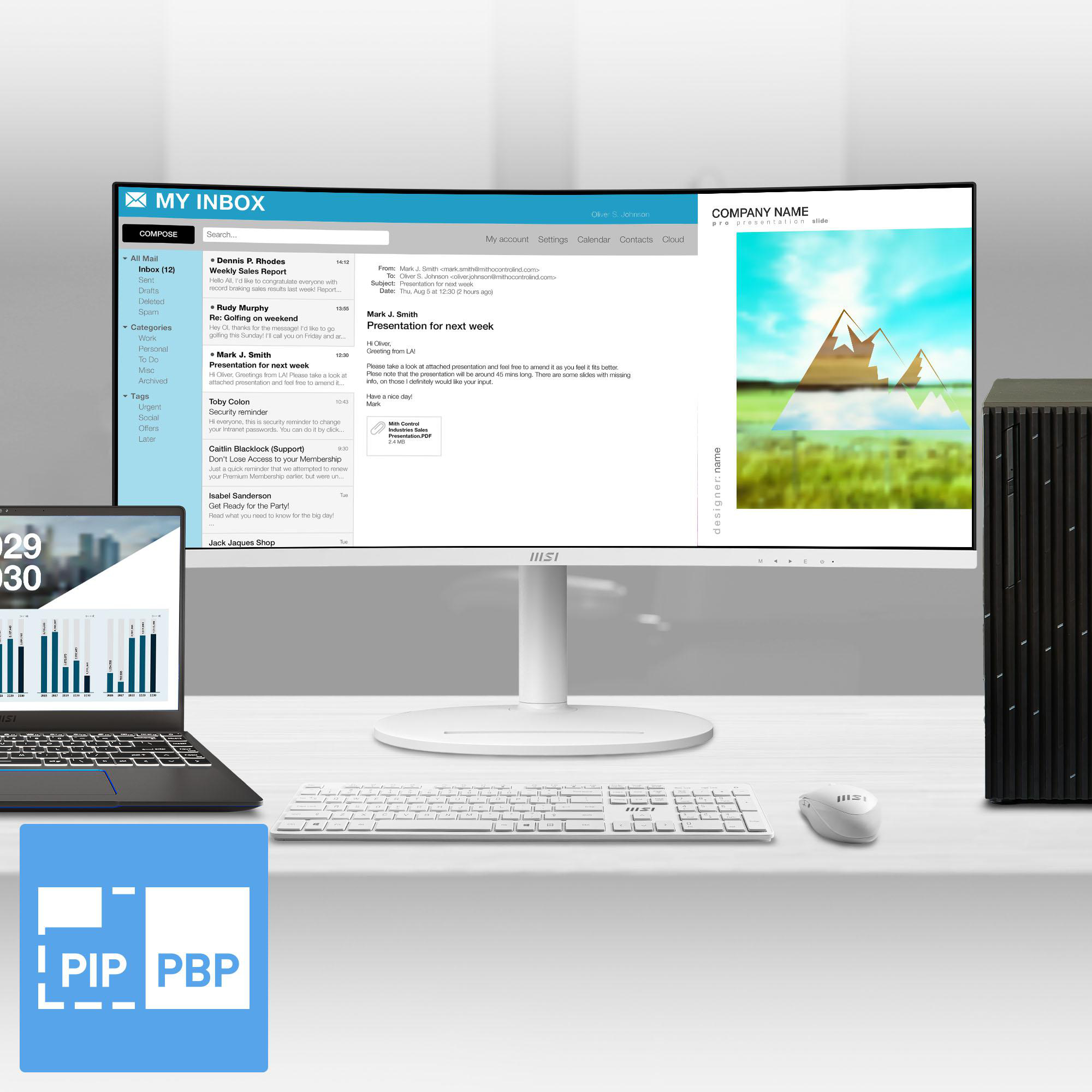 Ein Laptop, ein Monitor und ein PC-Gehäuse auf einem Schreibtisch.
