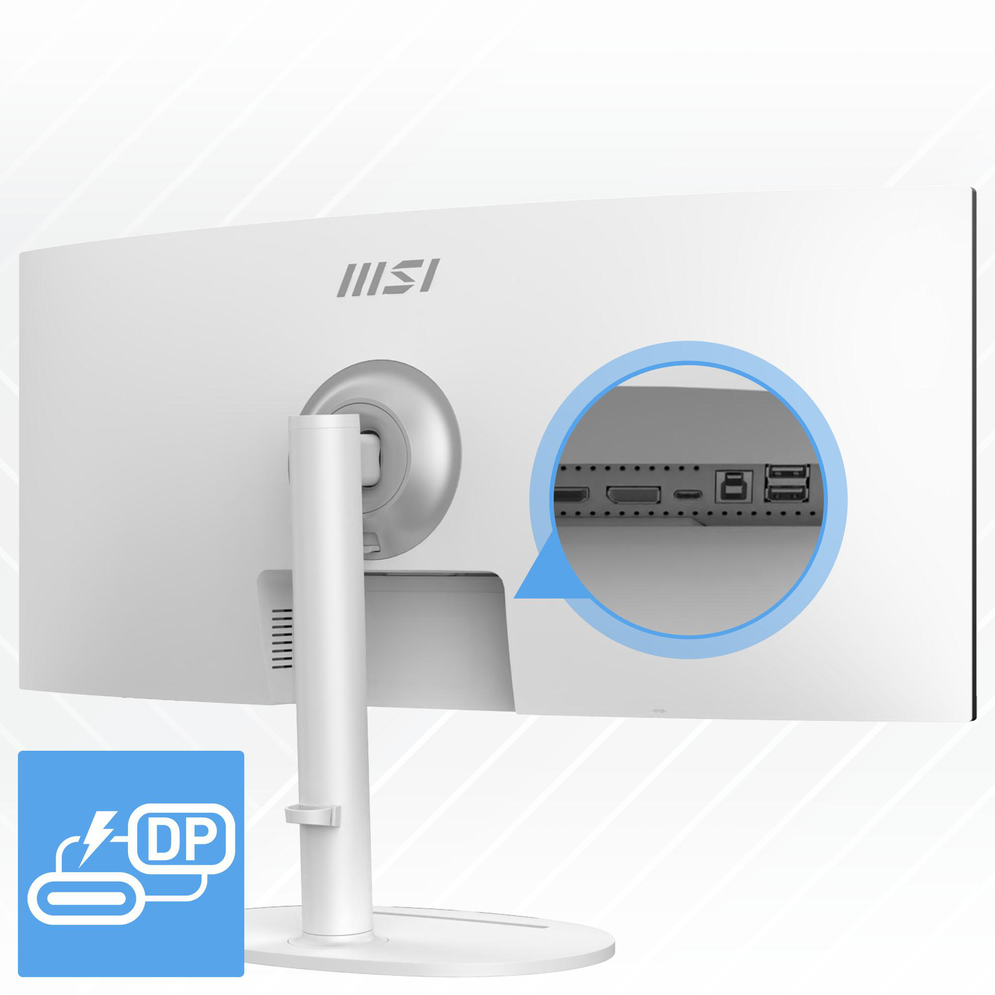 Rückseite eines weißen Monitors mit Anschlüssen und DP-Symbol.