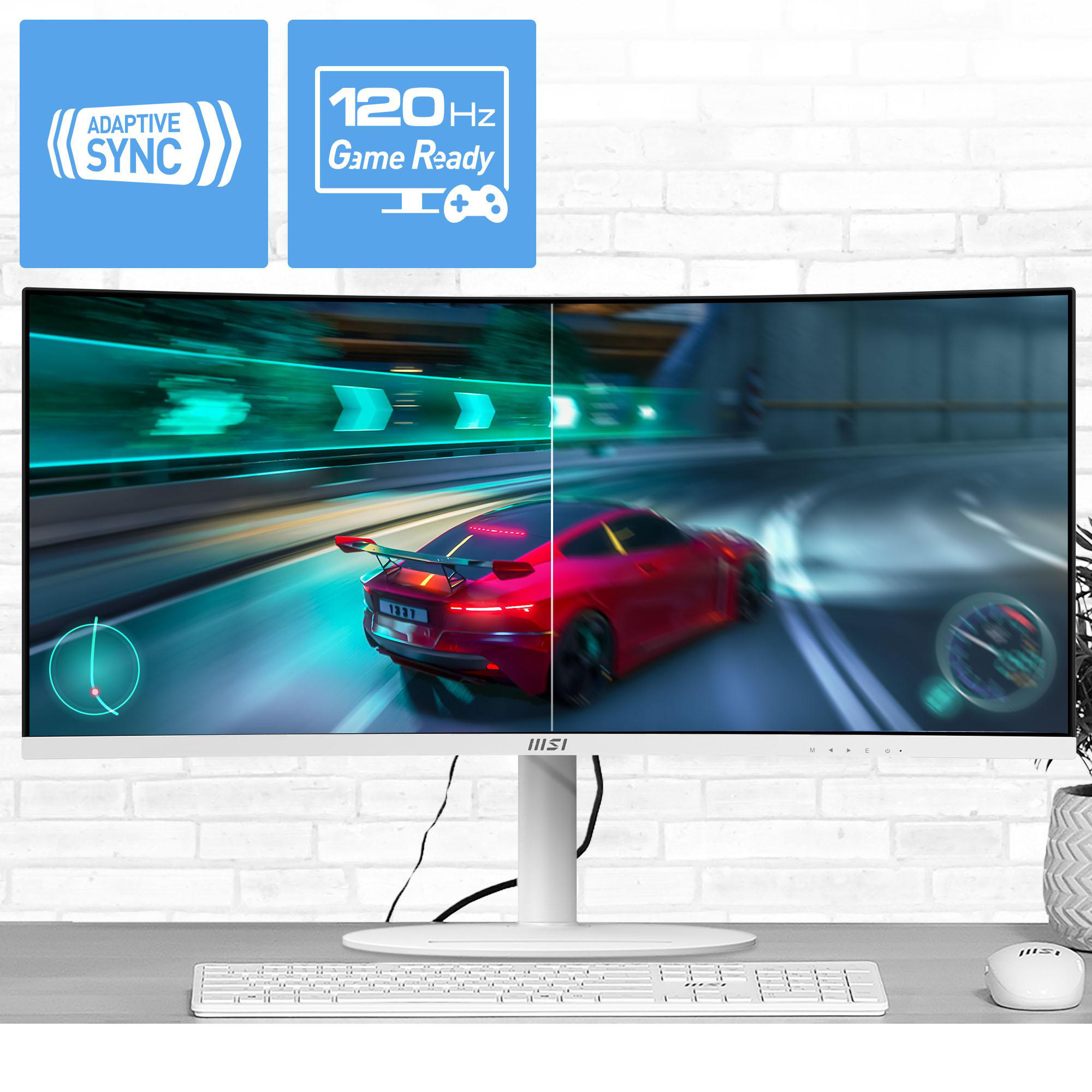 Ein weißer Monitor zeigt ein Rennspiel mit einem roten Auto. Adaptive Sync & 120Hz.