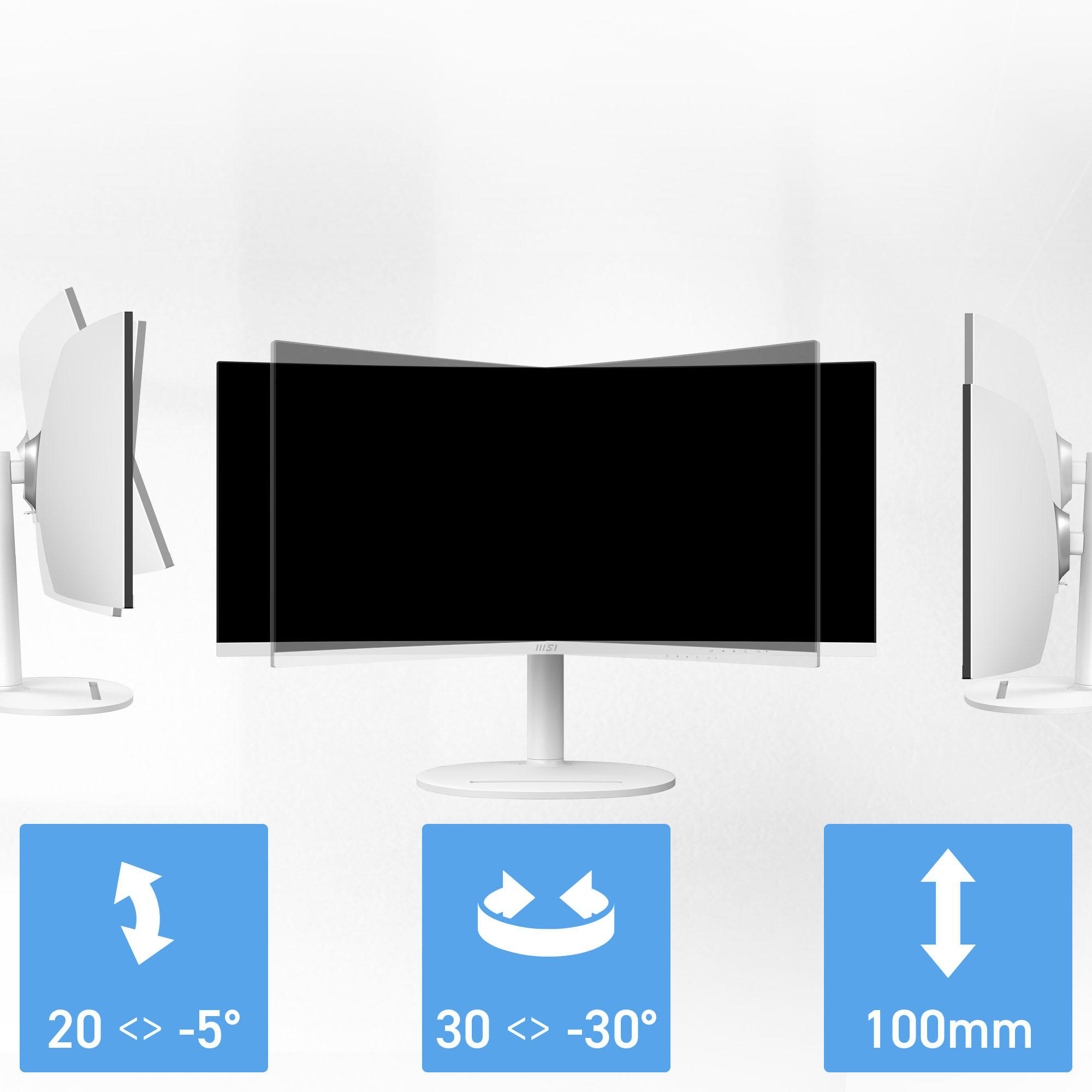 Ein Monitor mit Anpassungsoptionen für Neigung, Drehung und Höhe wird gezeigt.