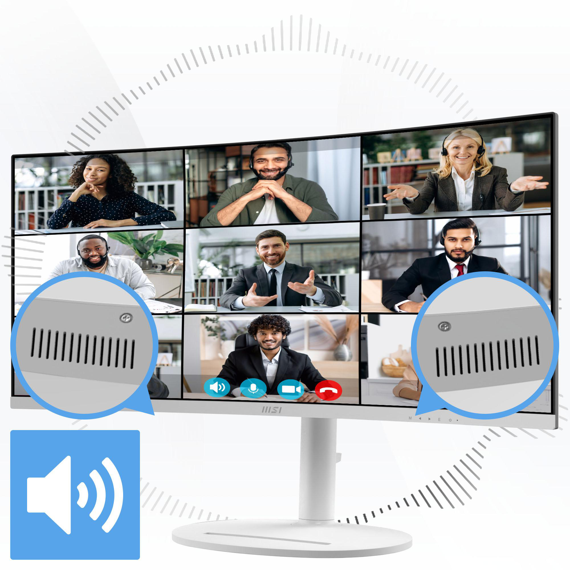 Besprechung mit neun Personen in Videokonferenz, Nahaufnahme von Lüftungsschlitzen.