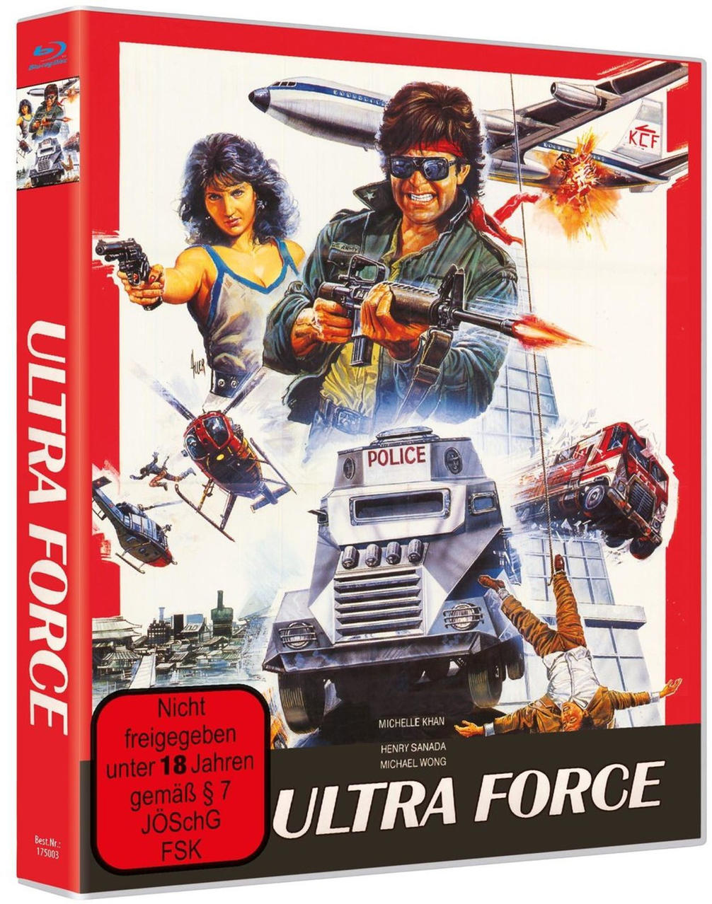 Action-Szene mit Mann mit Waffe, Frau mit Pistole, Polizei-Panzer, Flugzeug.