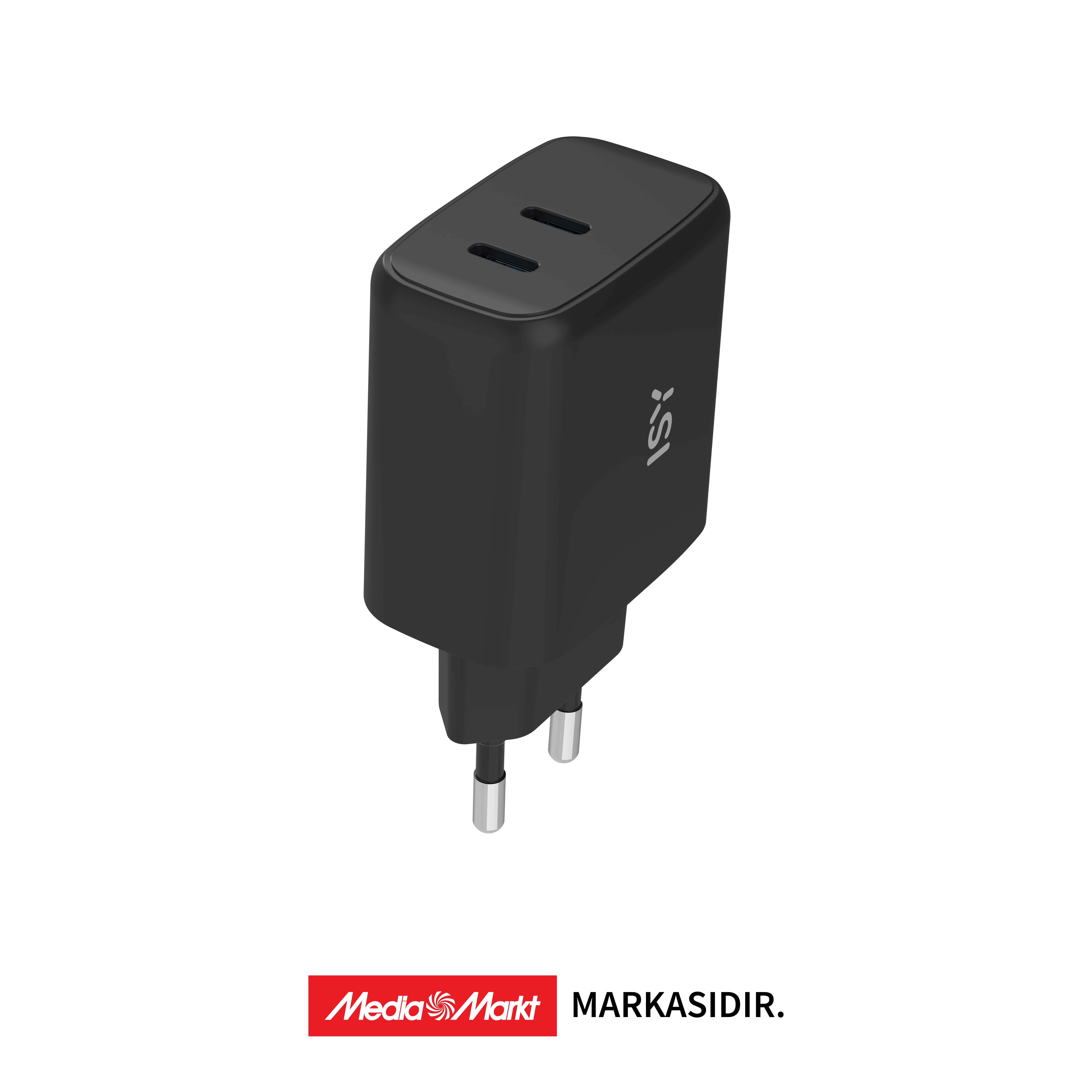 Gümüş uçlu, çift portlu siyah USB şarj cihazı fişi.