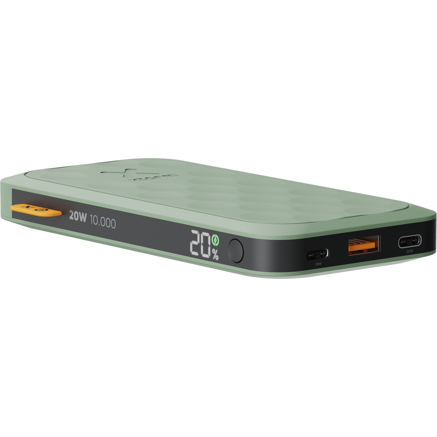 Groene powerbank met 20% lading, USB-A en twee USB-C poorten.