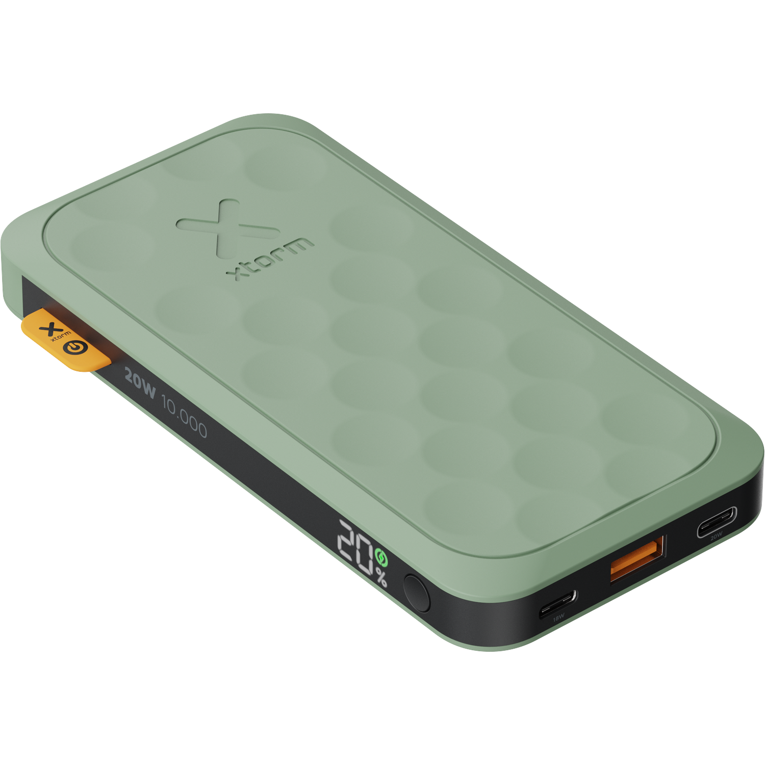 Groene Xtorm powerbank, 20W, 10.000 mAh. Weergave 20%.