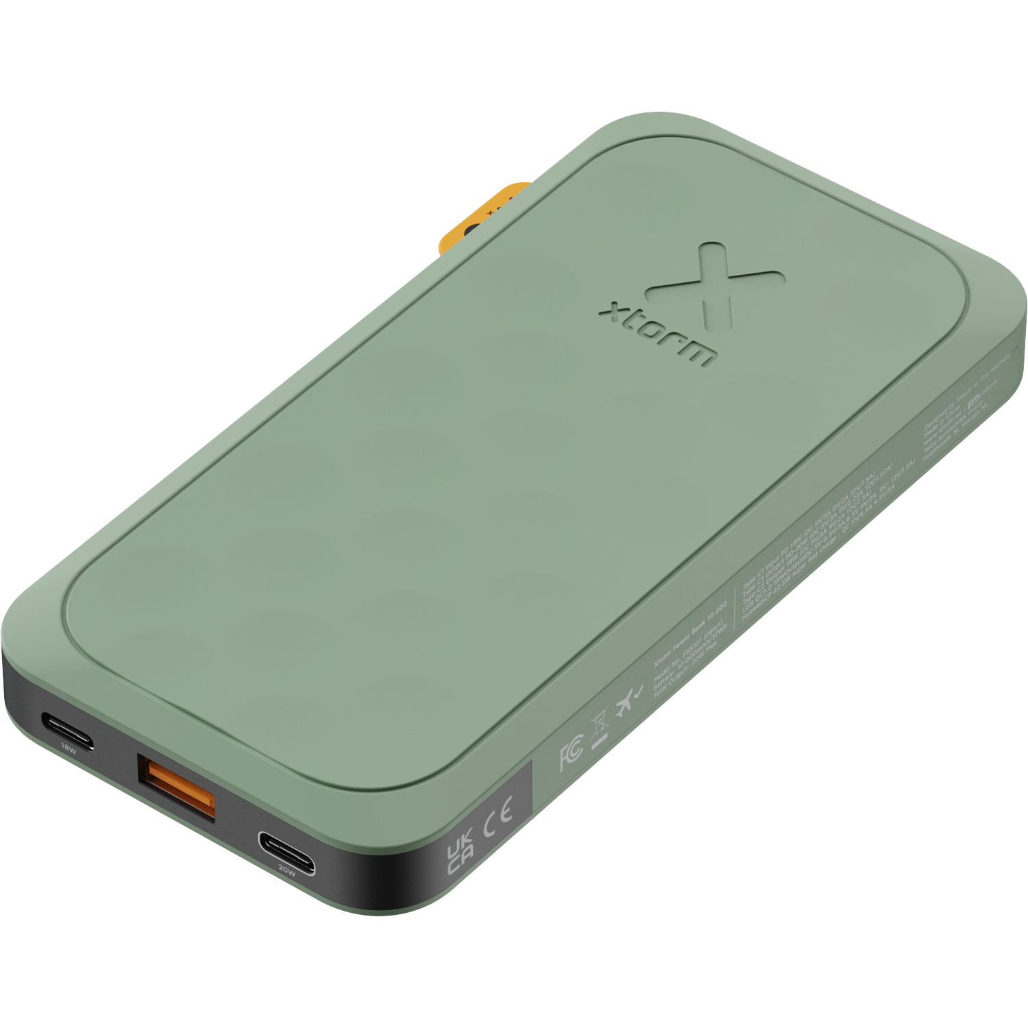 Groene Xtorm powerbank met twee USB-C poorten en één USB-A poort.