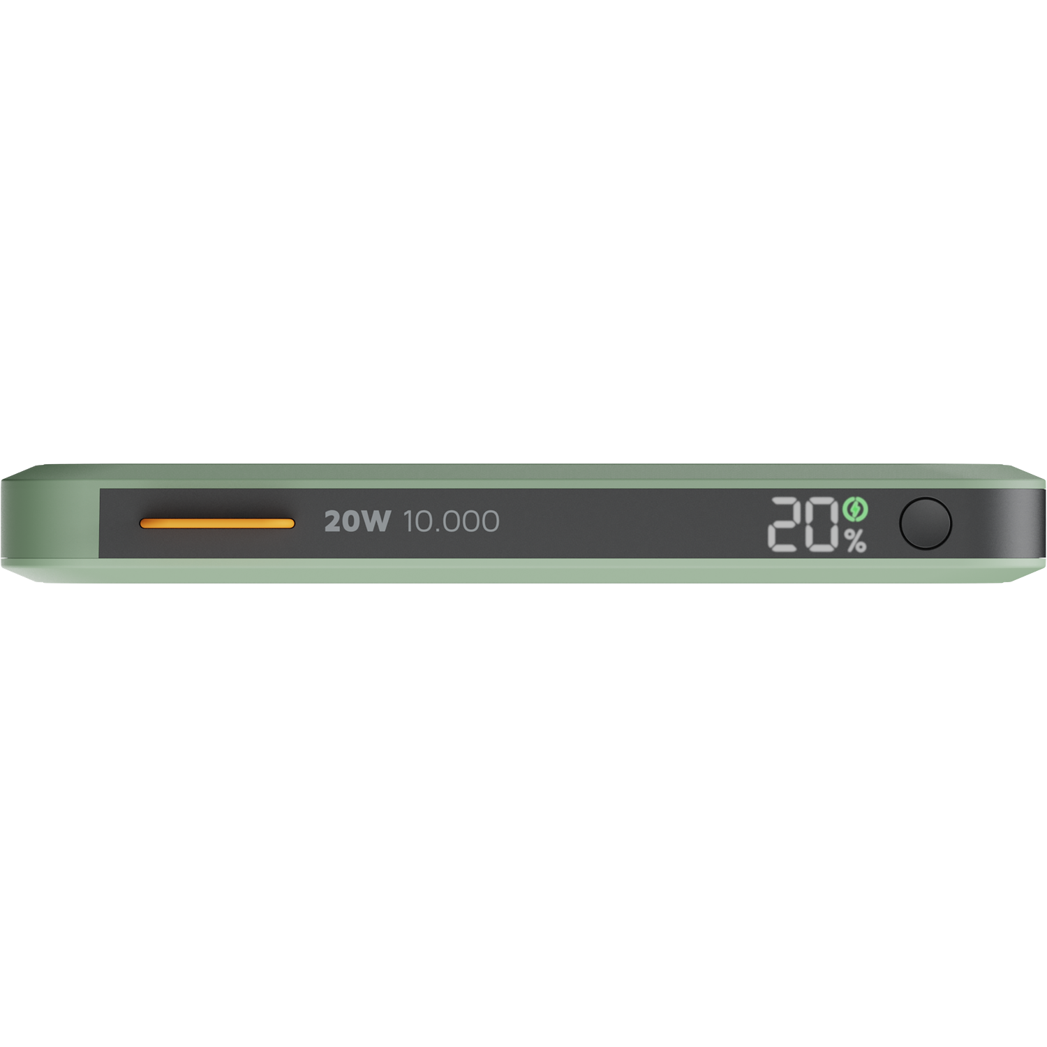 Een lichtgroene powerbank met 20W, 10.000mAh en 20% lading weergegeven.