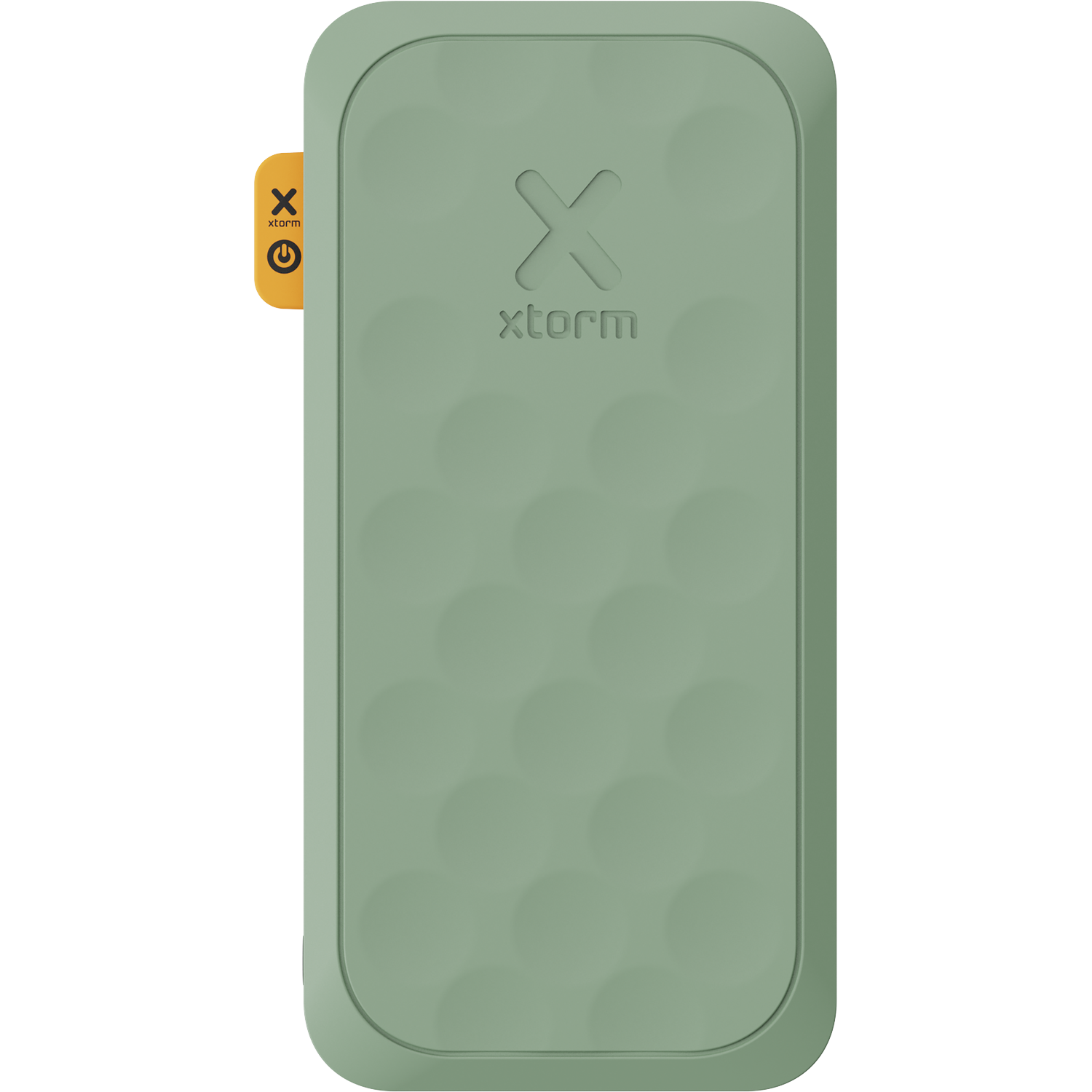 Groene Xtorm powerbank met cirkelvormige embossing en gele aan/uit knop.