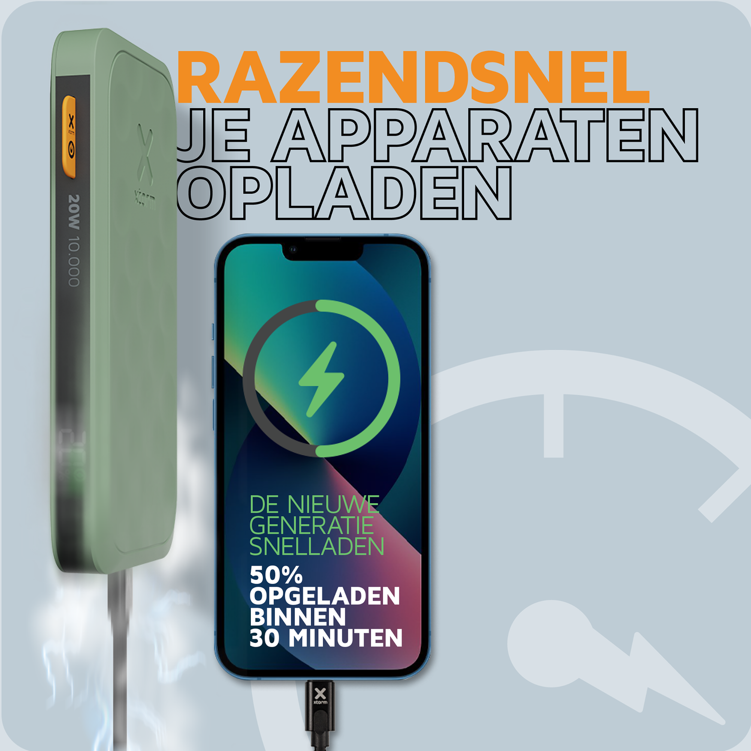 Groene lader laadt telefoon. Tekst: Snel opladen.