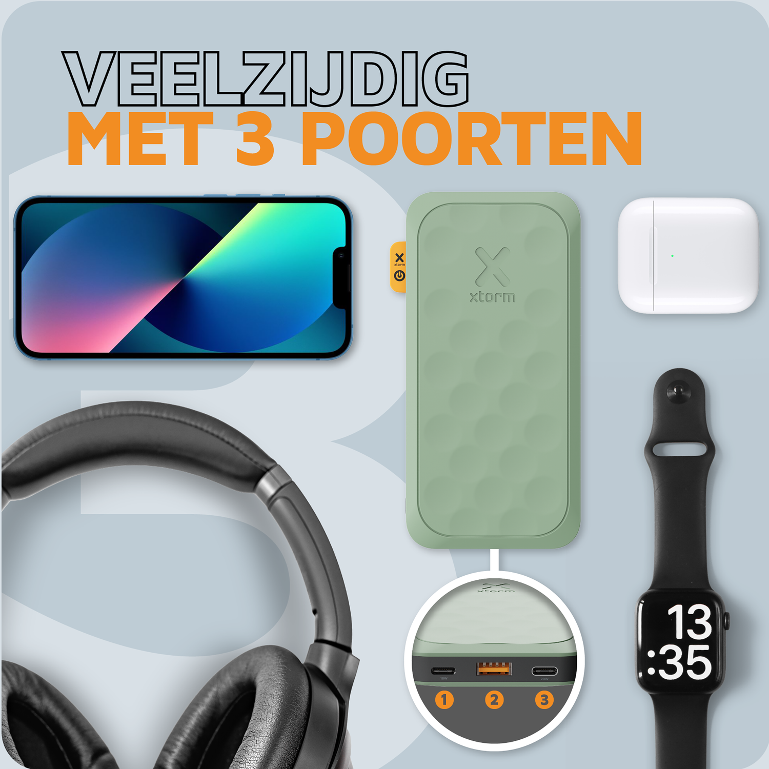 Smartphone, groen laadstation, koptelefoon, smartwatch en oordopjes.