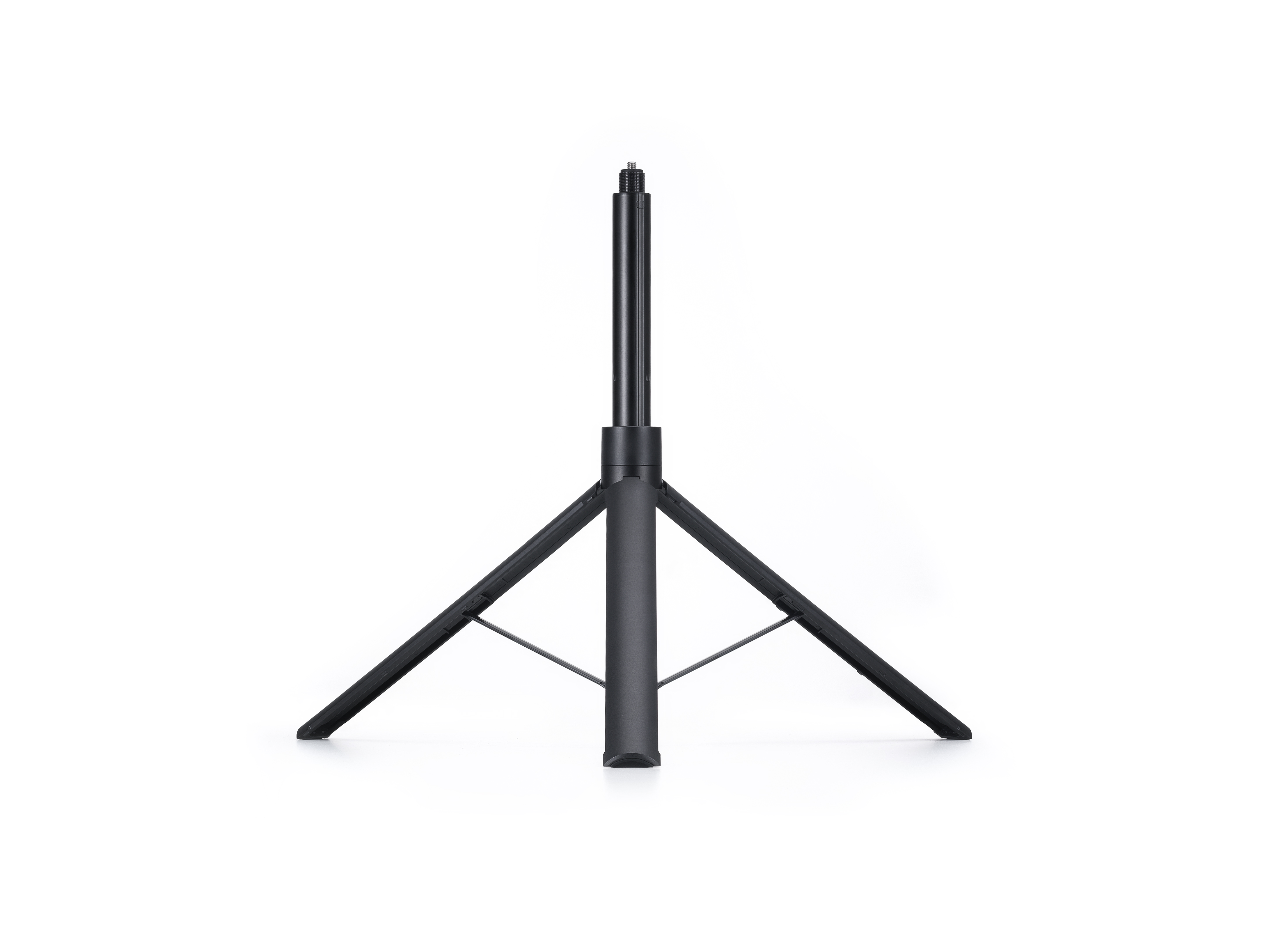 Üç bacaklı ve merkezi sütunlu siyah, katlanabilir tripod tabanı.