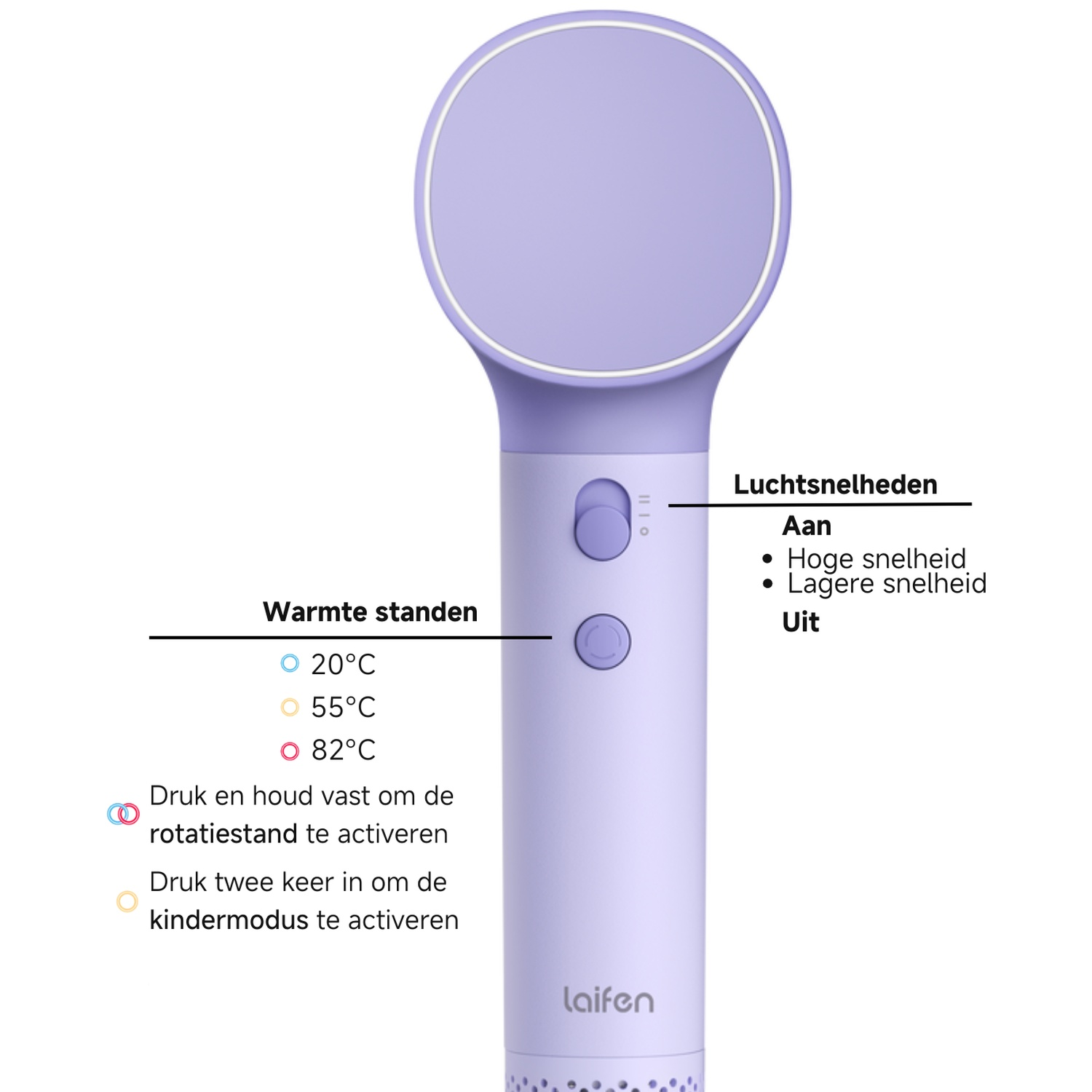 Paarse haardroger met bedieningselementen en temperatuurinstellingen.