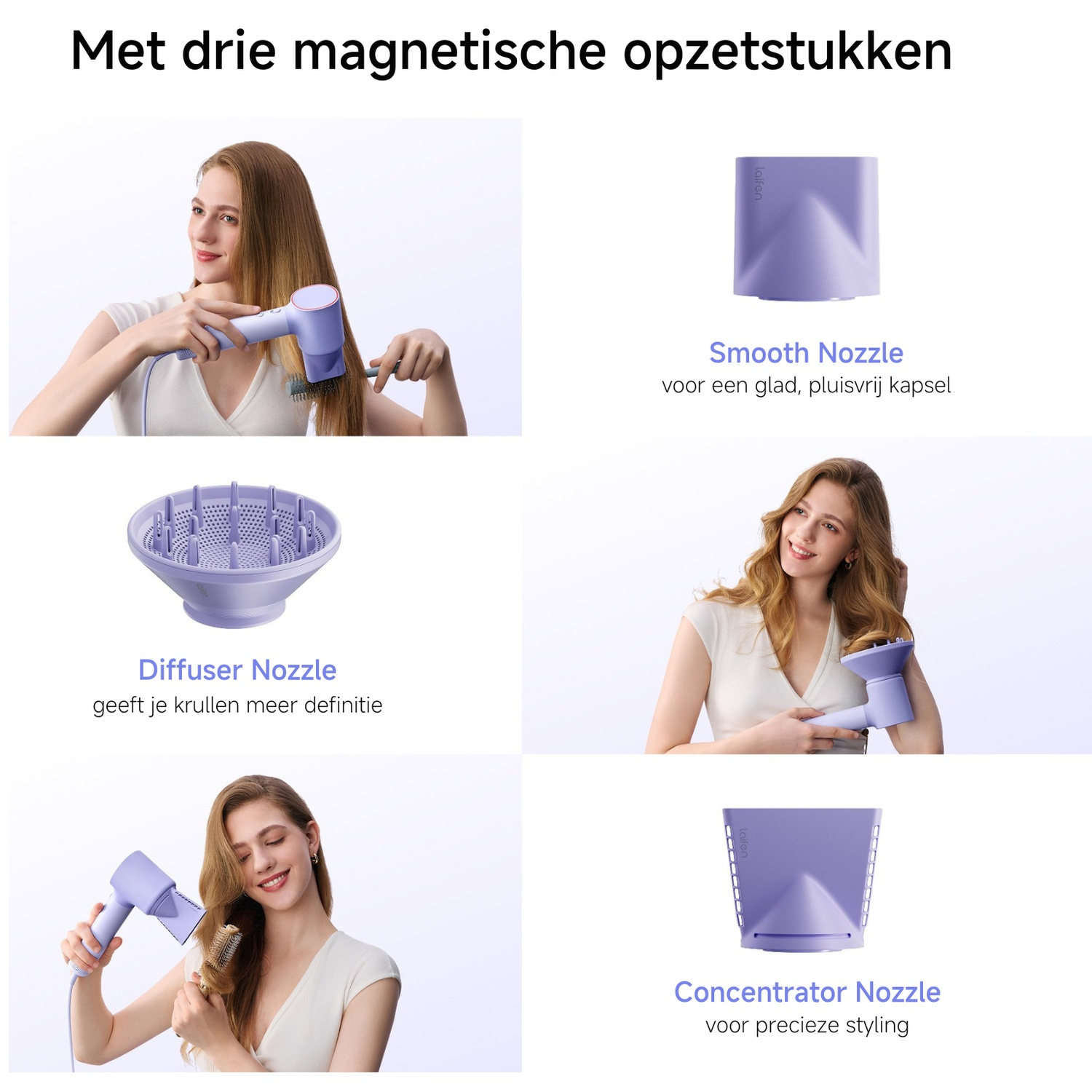Vrouw droogt haar haar met paarse föhn en opzetstukken.