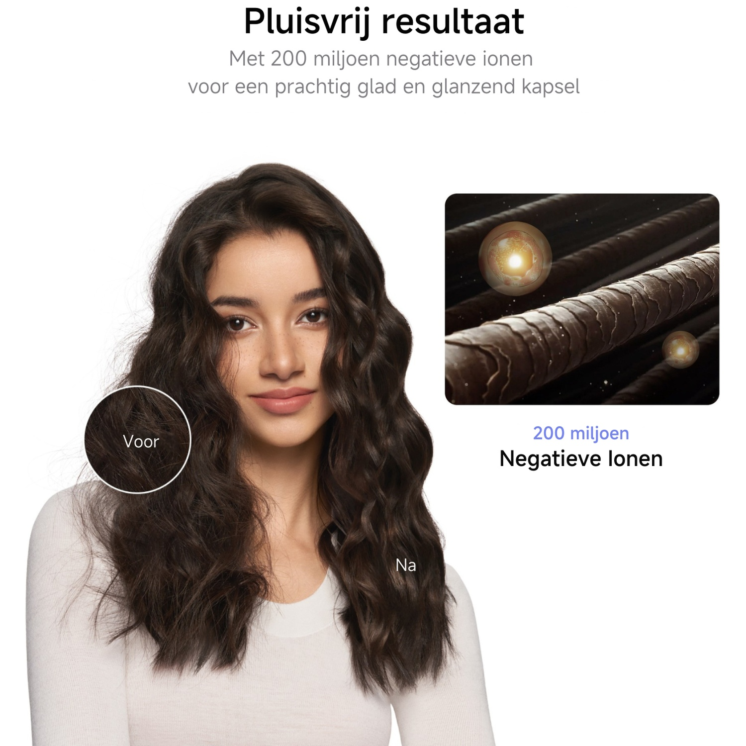 Vrouw met glanzend haar, close-up van haarstrengen en 200 miljoen negatieve ionen.