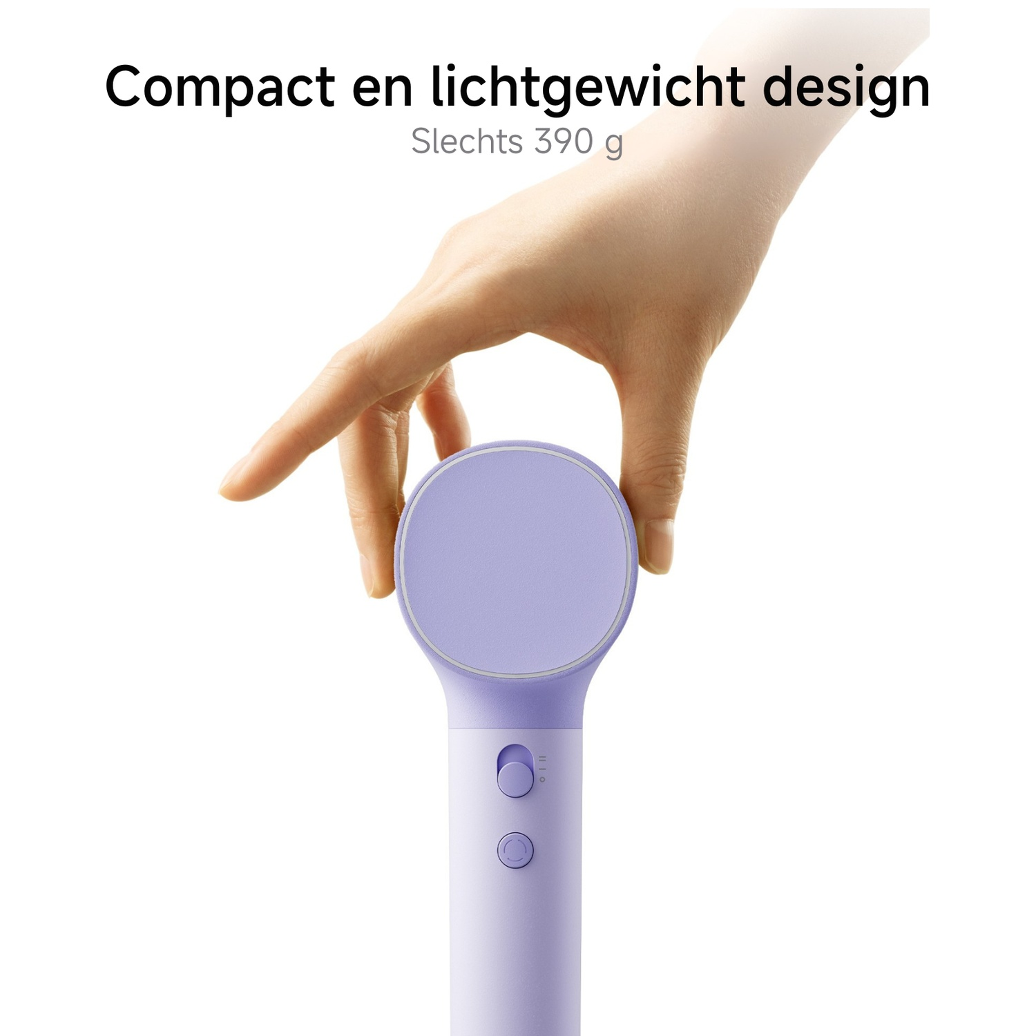 Hand houdt paars apparaat met knoppen vast. Compact design.