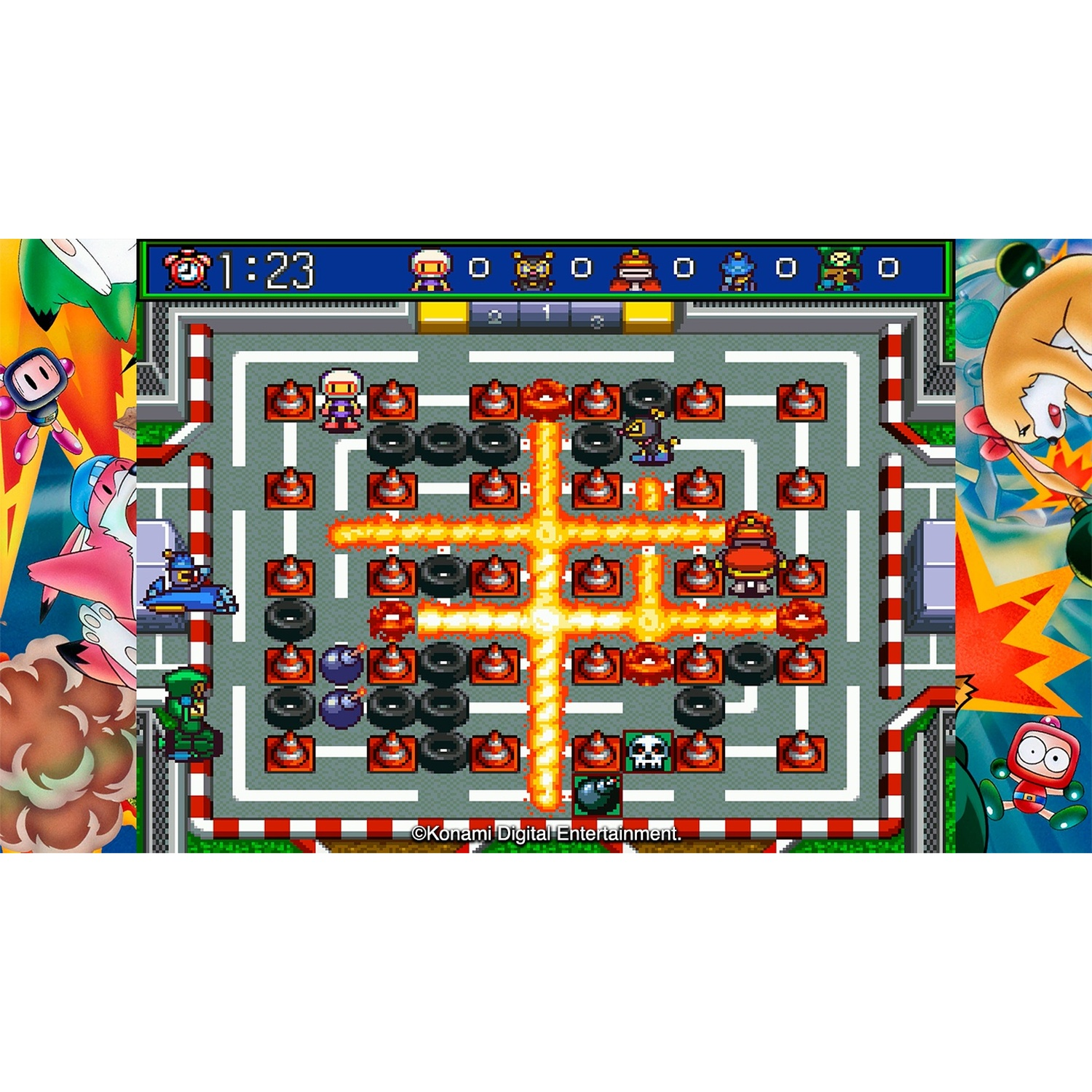 Pixelspel met bommen, kegels en personages op een bord met tijd 1:23.