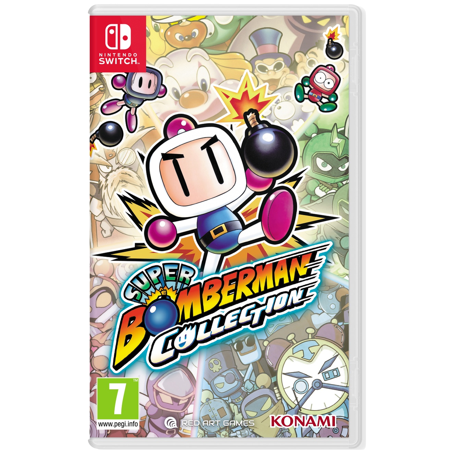 Super Bomberman Collection game cover met veel Bomberman-personages en bommen.