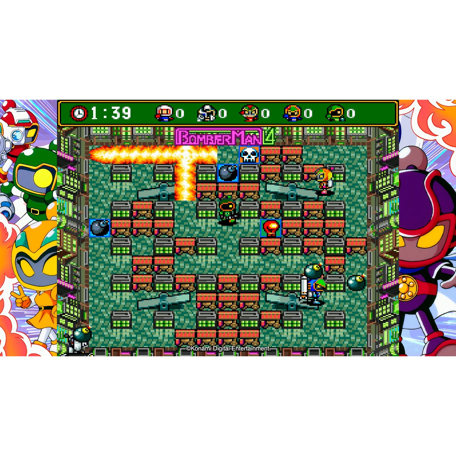 Bomberman 4 gameplay scene met bommen, vuur en personages.