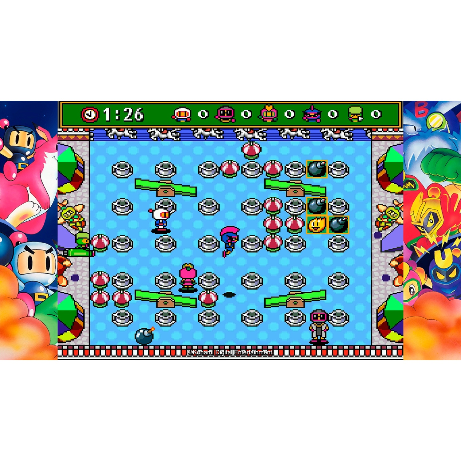Bomberman-spel met pixelart, blauwe arena, bommen en personages.
